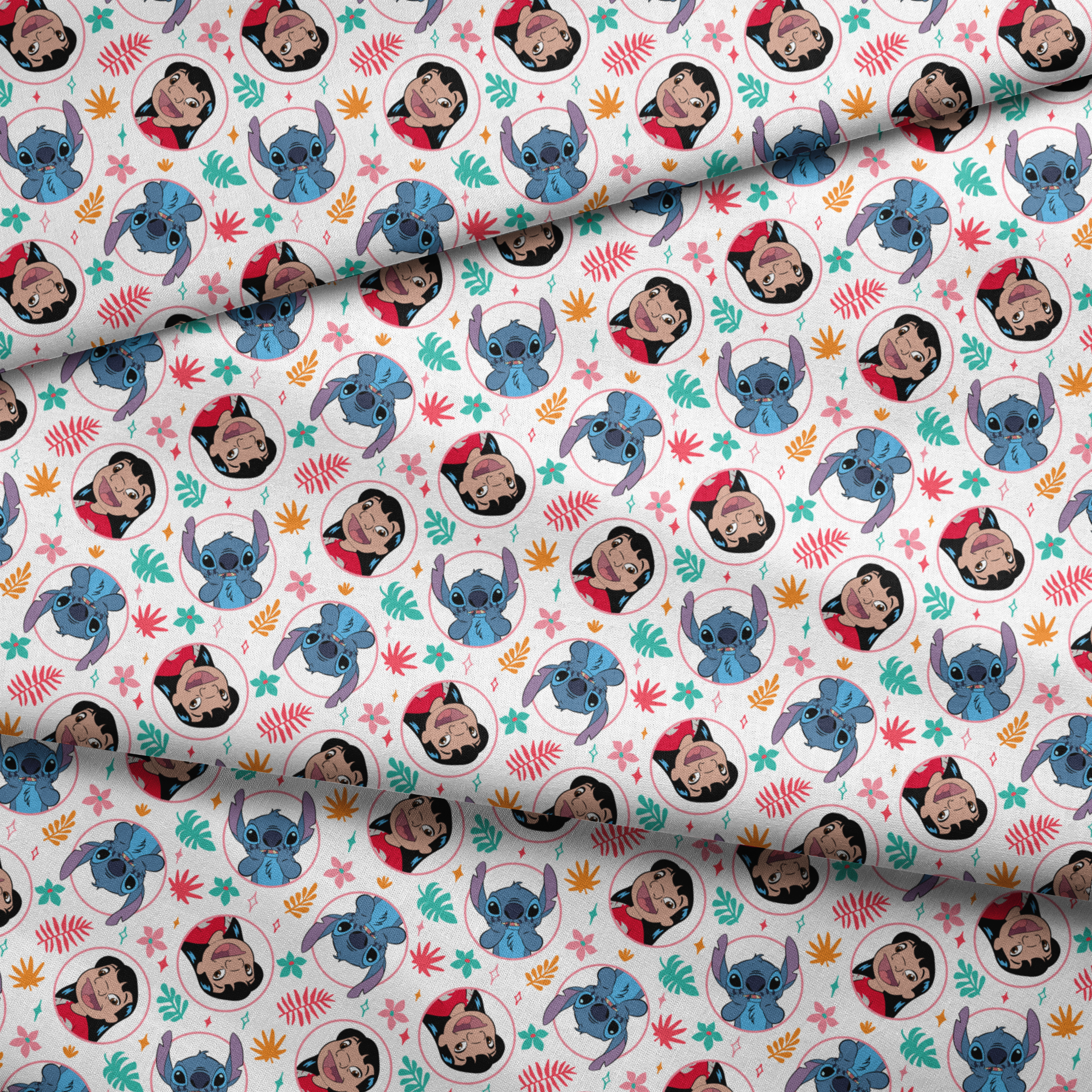 Colorful cartoon pattern with Lilo and Stitch in circles, surrounded by tropical leaves and stars fabric fold mockup