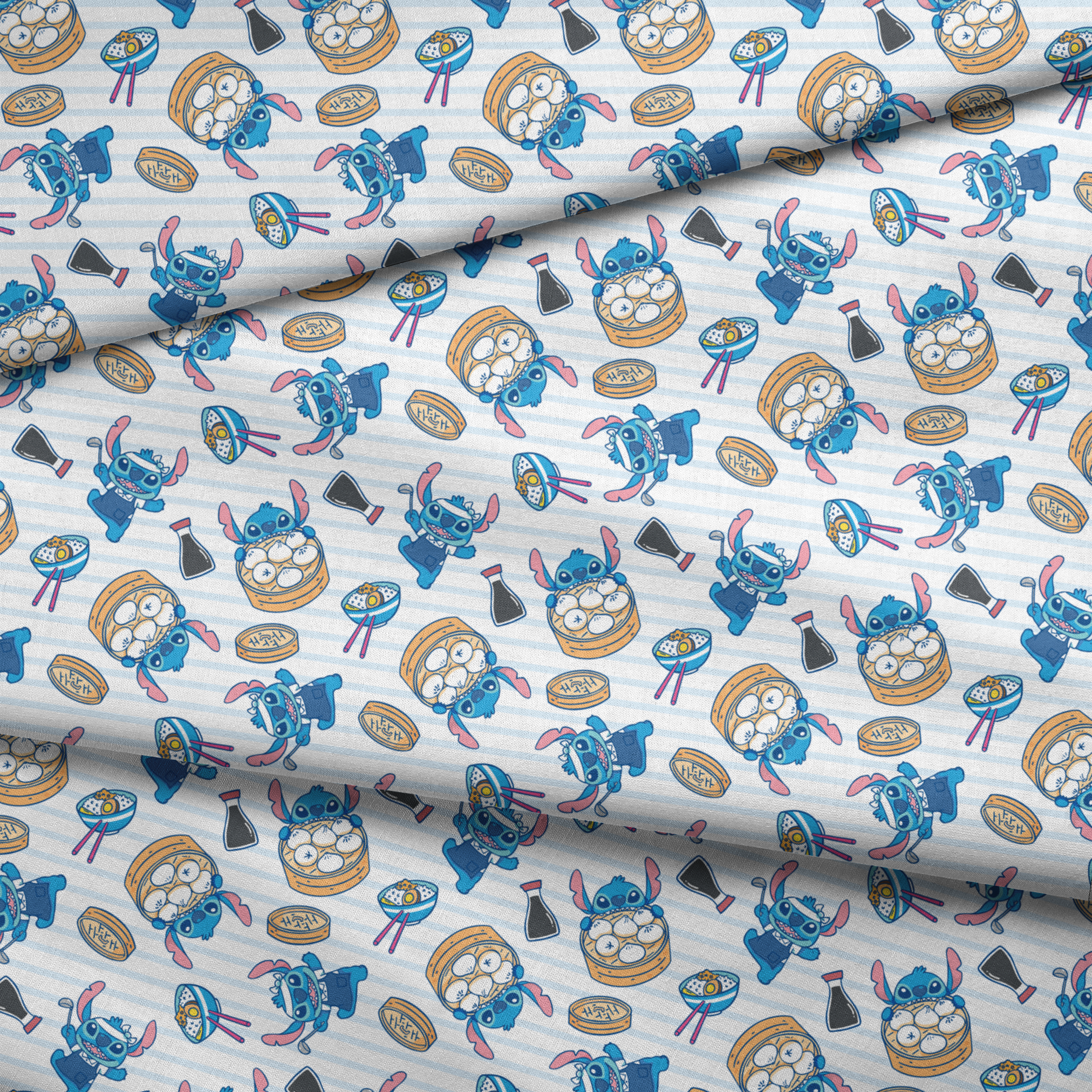 Cartoon Stitch with Chinese dim sum and dumplings on light blue striped background fabric fold mockup