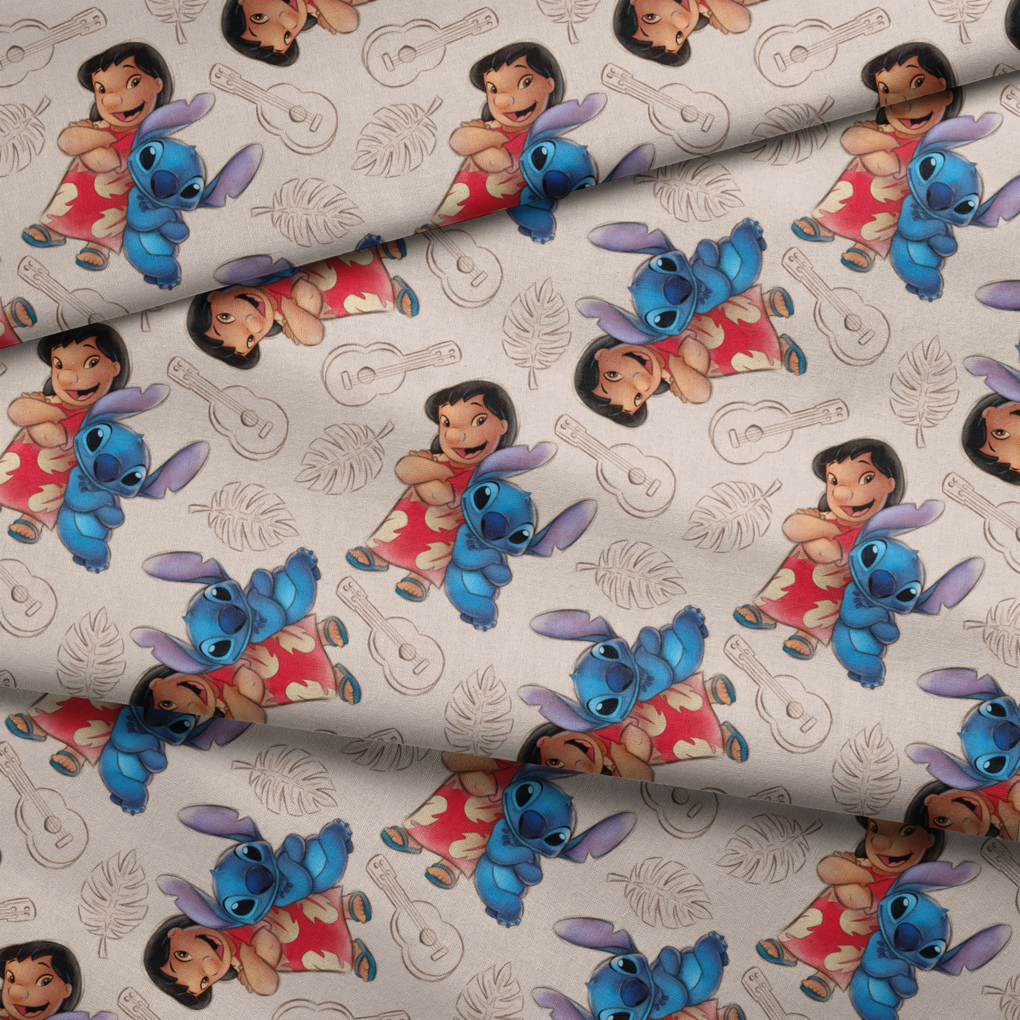 Lilo and Stitch fabric with leaf and guitar pattern background fabric fold mockup