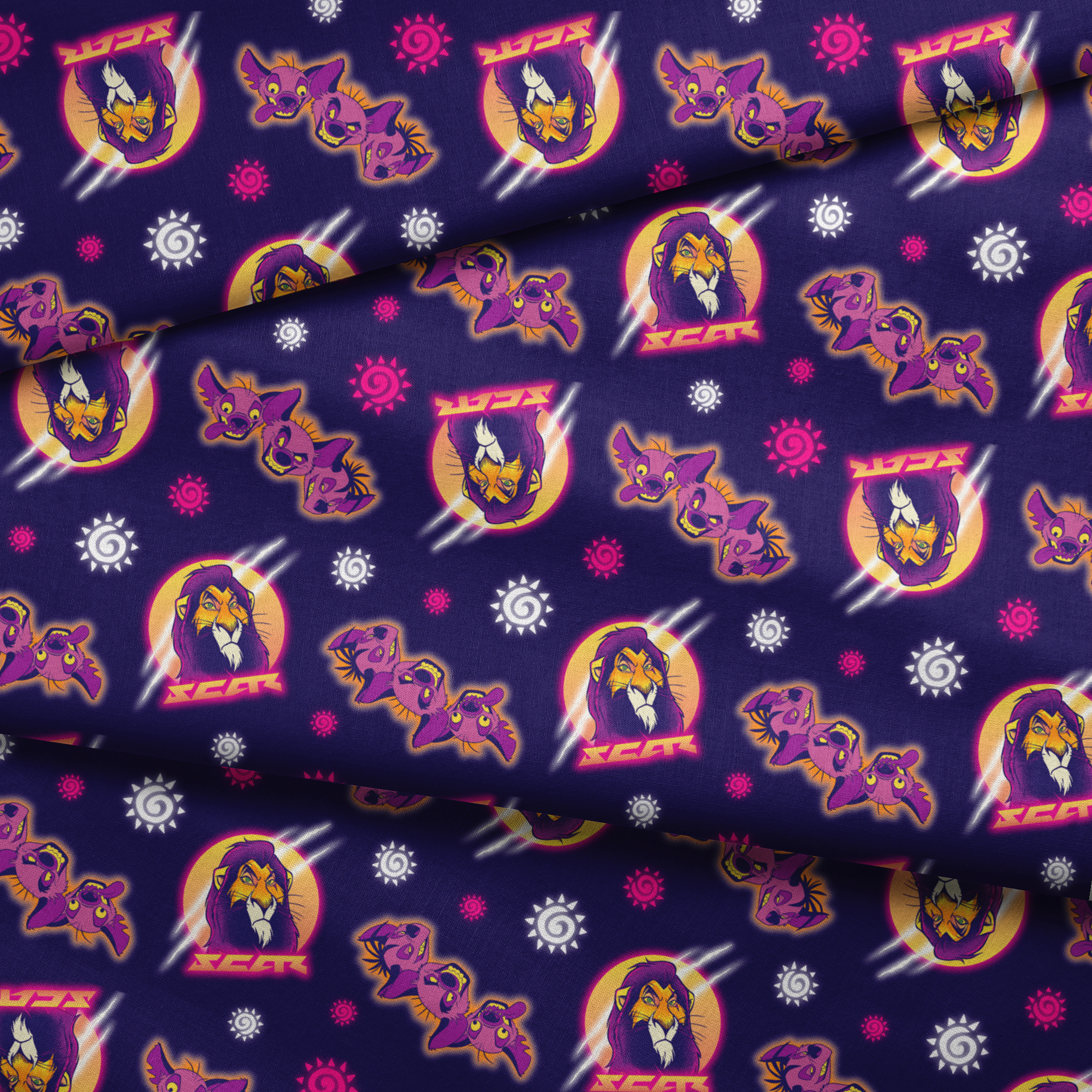Lion and hyena characters pattern with suns on purple background, Disney's Lion King inspired design fabric fold mockup