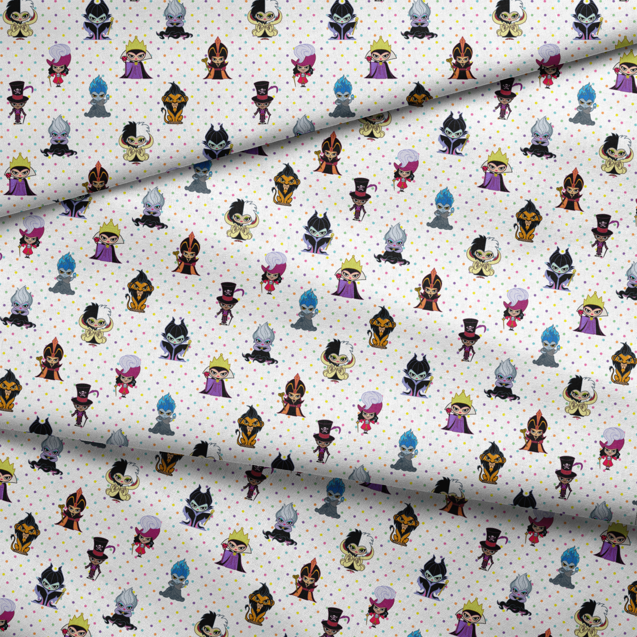 Cartoon Disney villain characters in chibi style scattered on polka dot background, including figures with crowns, capes, and distinctive colorful designs fabric fold mockup