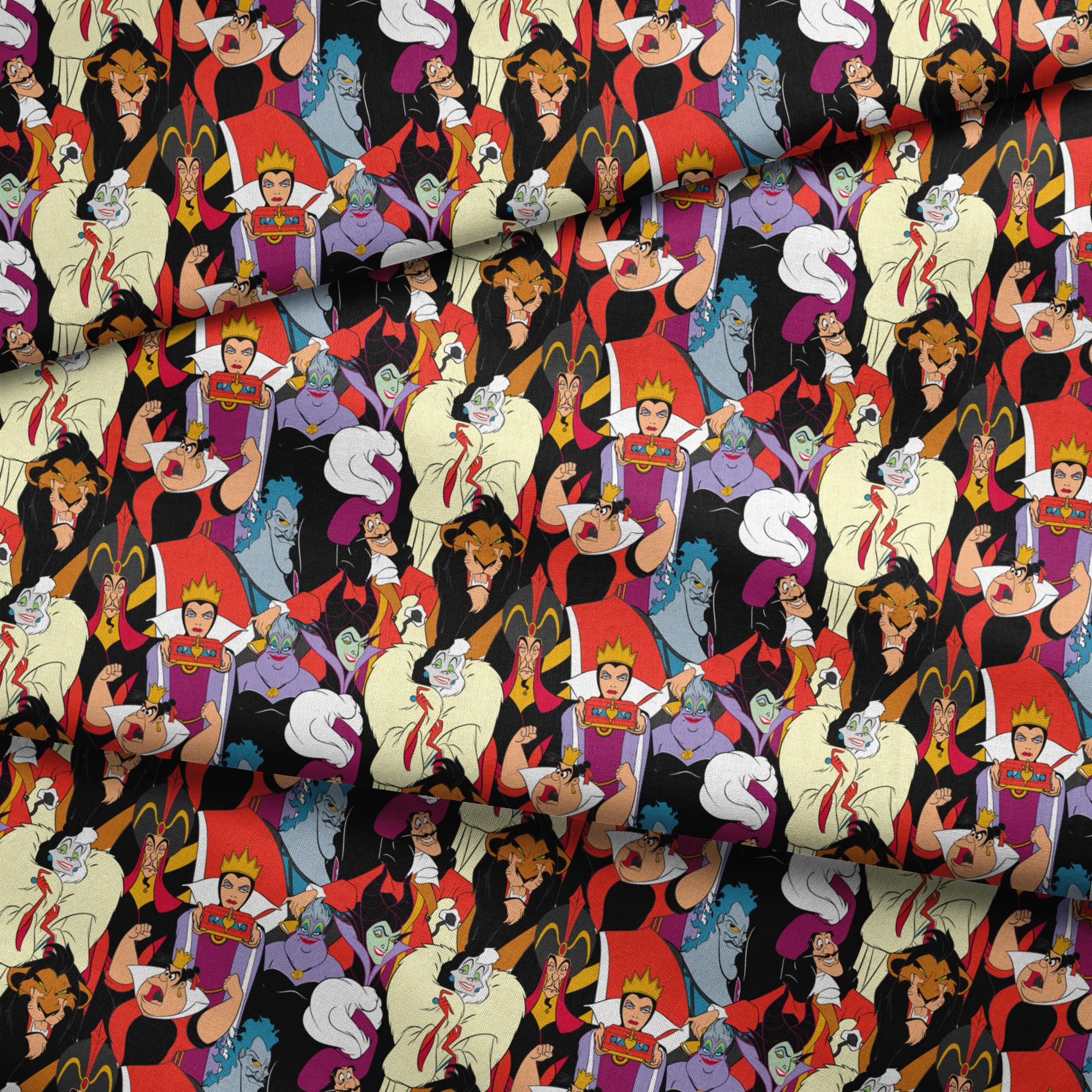 Disney villains collage featuring colorful animated characters with distinct evil expressions and iconic costumes. fabric fold mockup