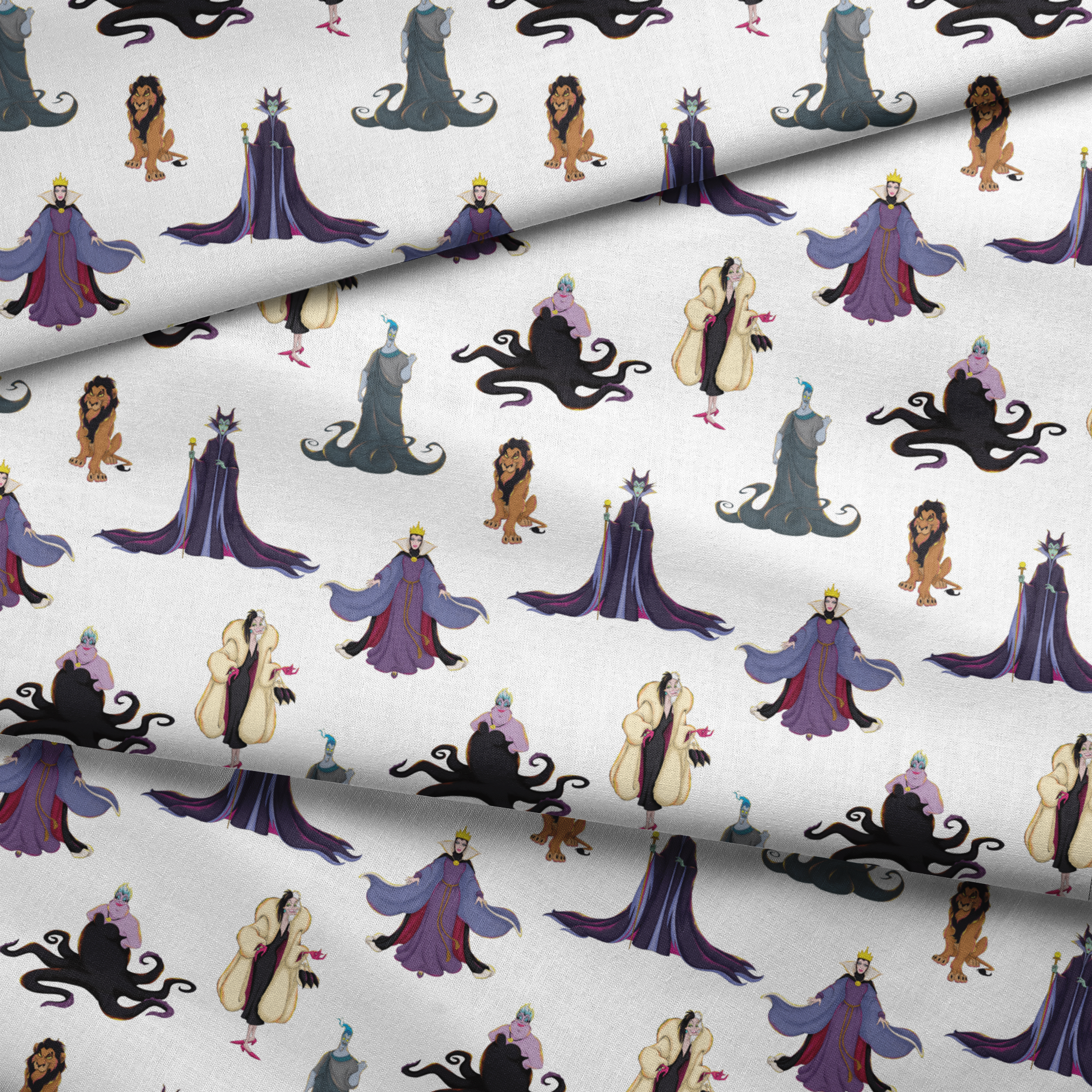 Disney villains pattern with Evil Queen, Scar, Maleficent, Ursula, and Cruella on white background fabric fold mockup