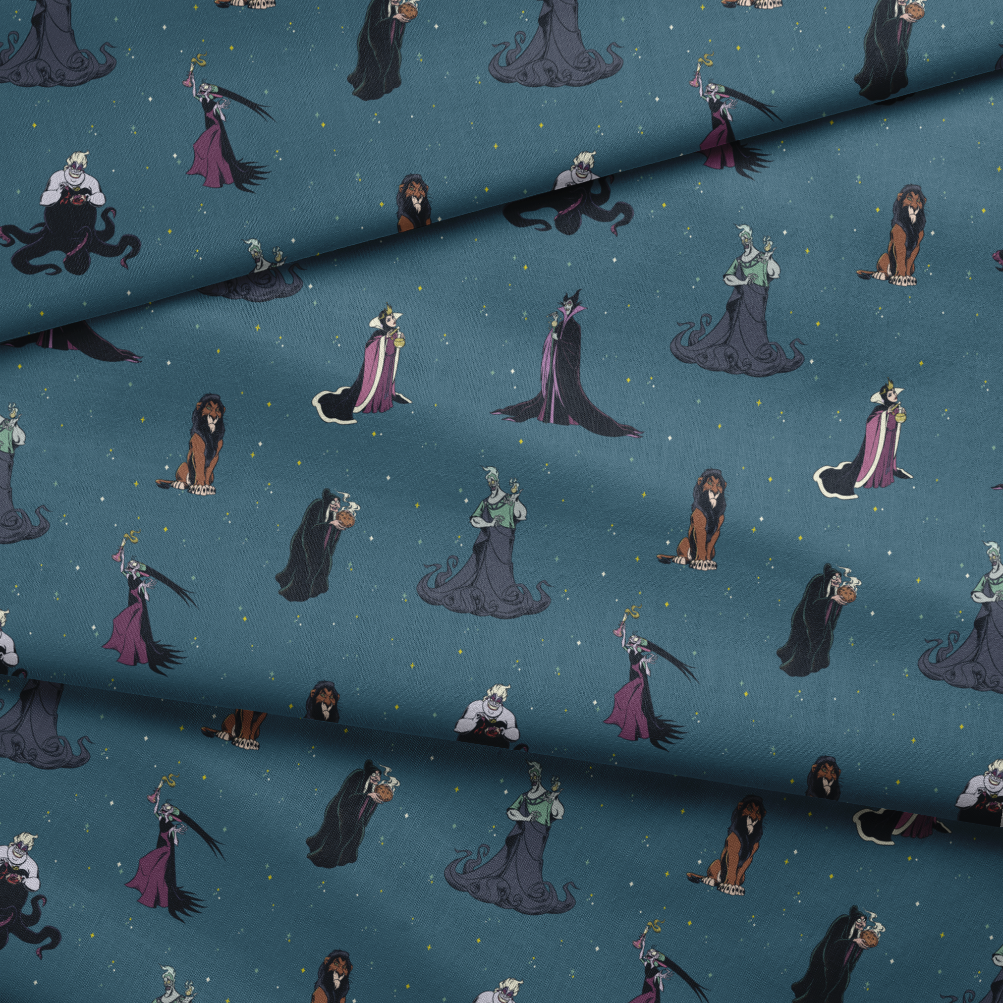 Disney villains pattern on teal background featuring Ursula, Maleficent, Cruella, and Scar in various poses fabric fold mockup