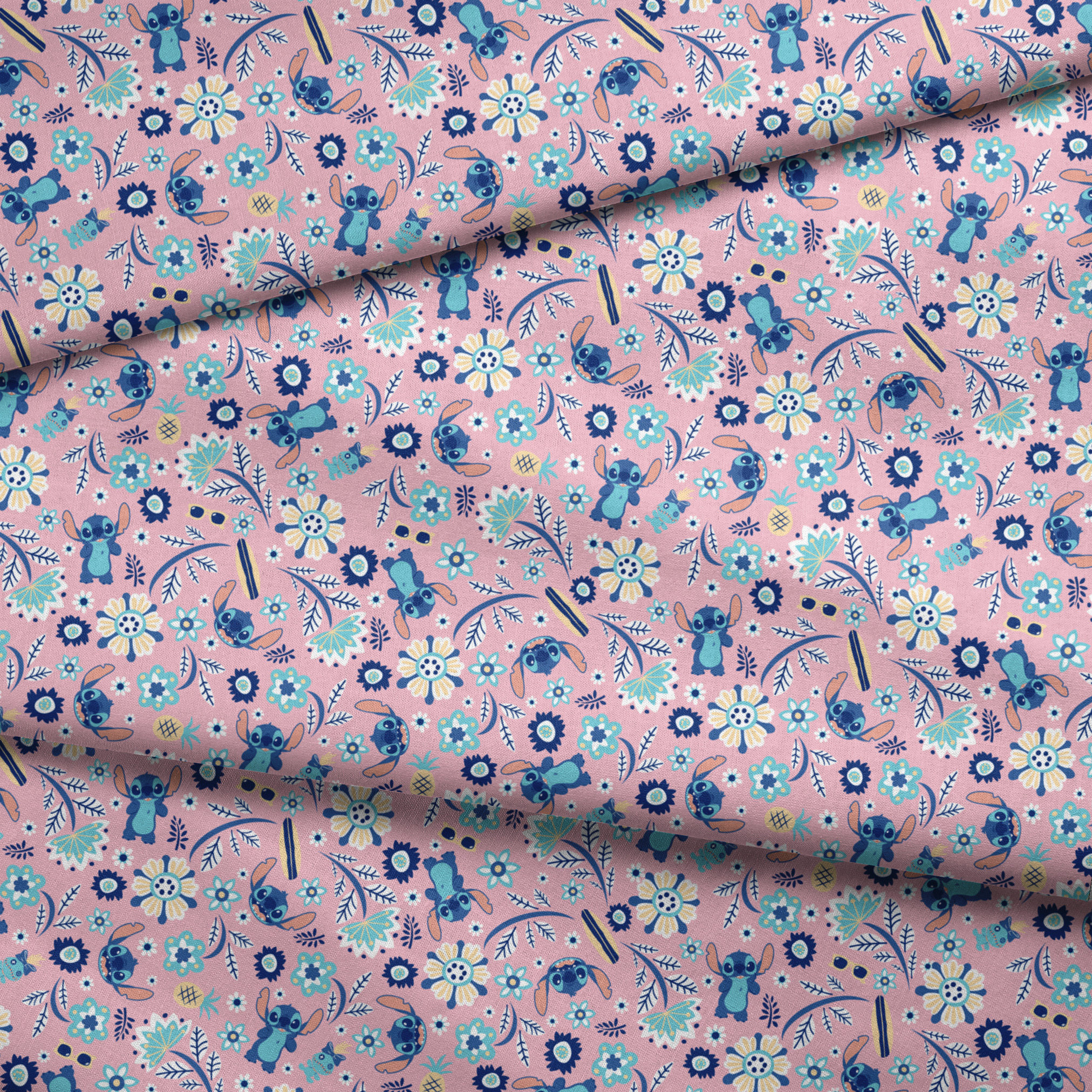 Floral pattern with Disney's Stitch, white daisies, and mint green accents on pink background fabric fold mockup