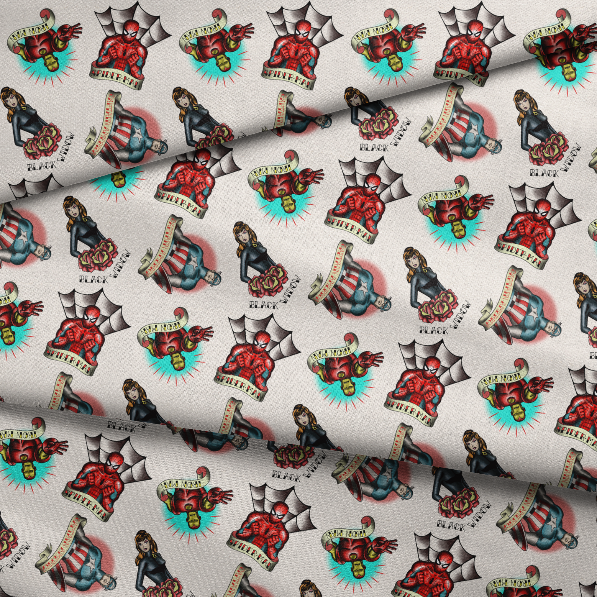 Traditional tattoo flash art designs featuring black panthers, hearts with daggers, spider webs, and colorful elements on cream background fabric fold mockup