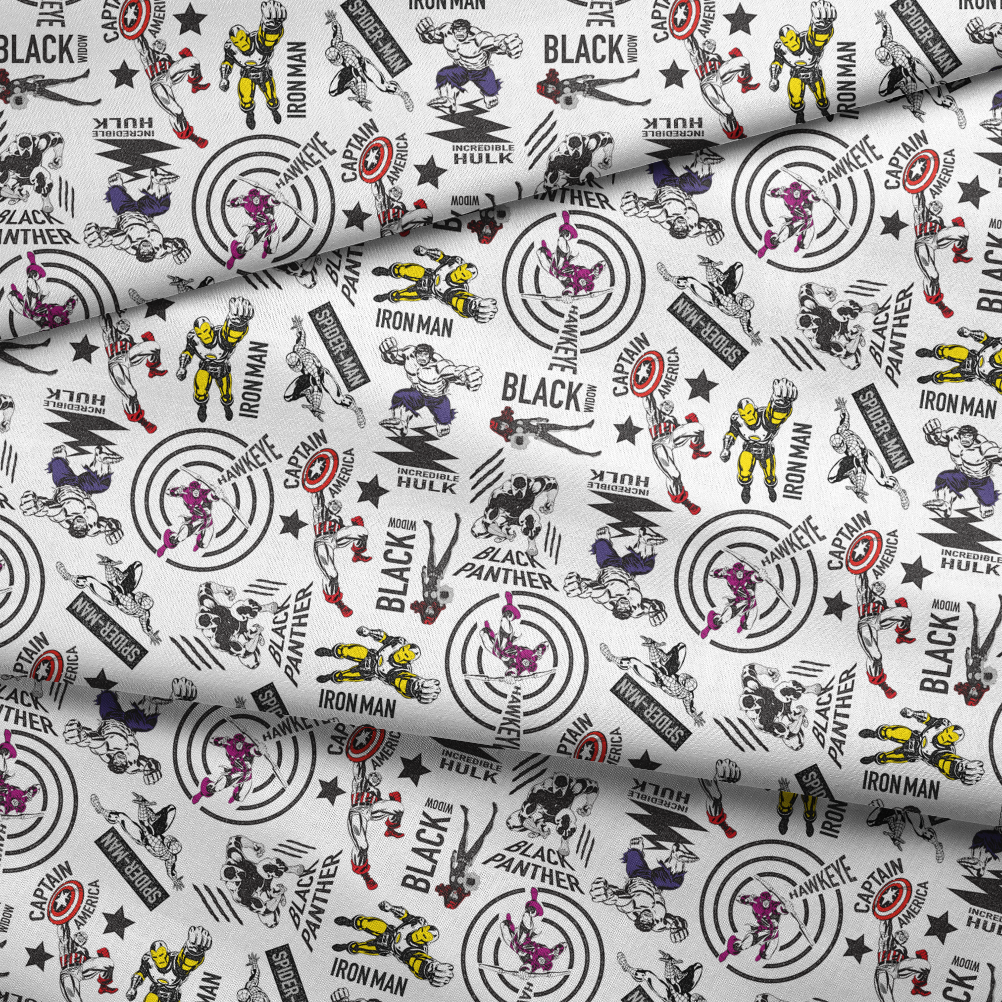 Marvel superheroes pattern with Iron Man, Captain America, Hulk, and Black Panther on white background fabric fold mockup
