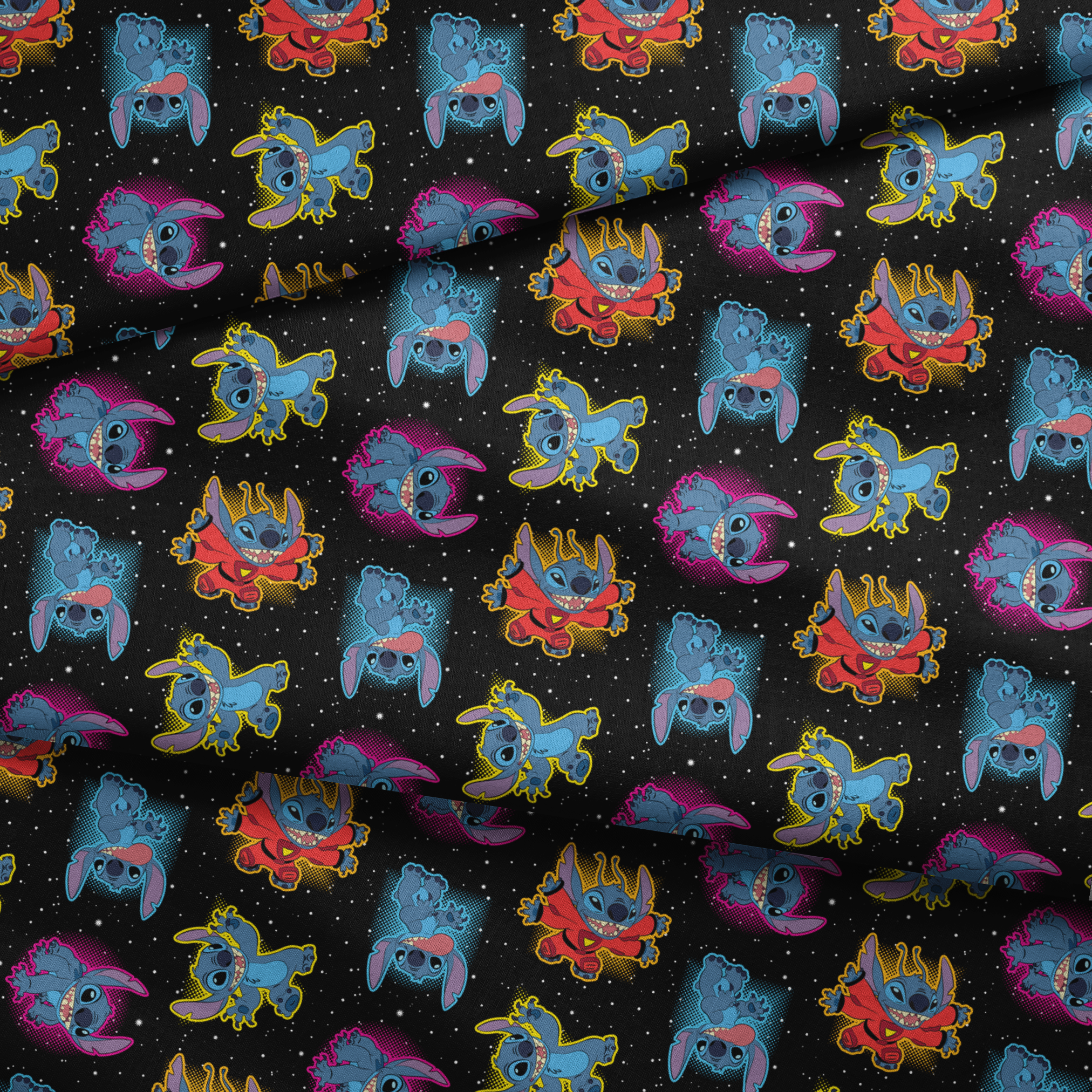 Colorful Stitch with pink accents on black starry background pattern fabric fold mockup