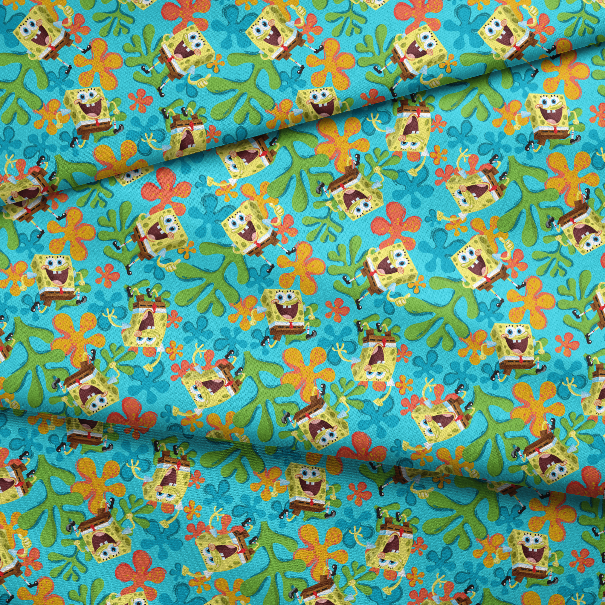 SpongeBob SquarePants pattern with colorful orange and blue flowers on turquoise background fabric fold mockup