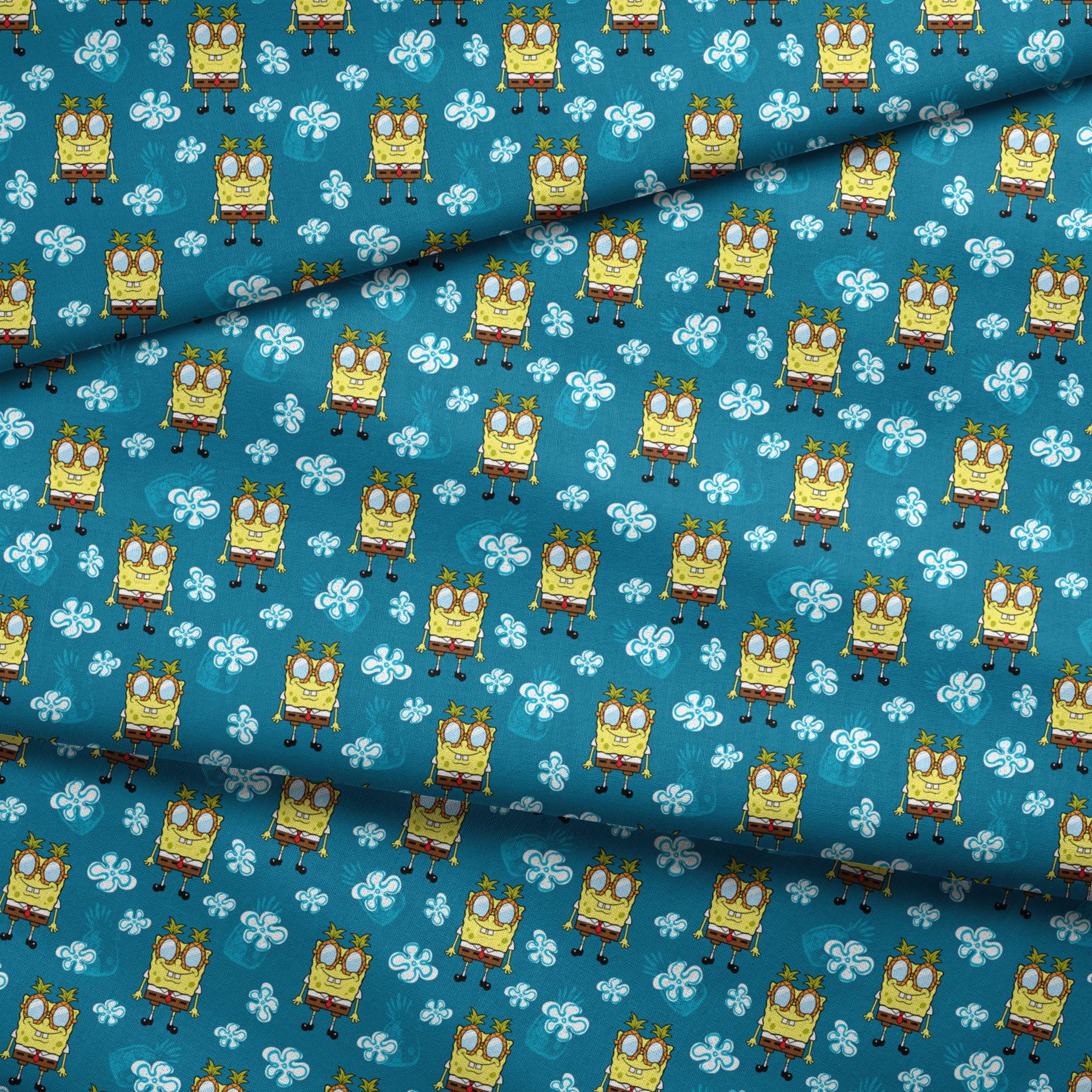 Yellow cartoon character with glasses on teal background with white flower pattern, repeating design fabric fold mockup