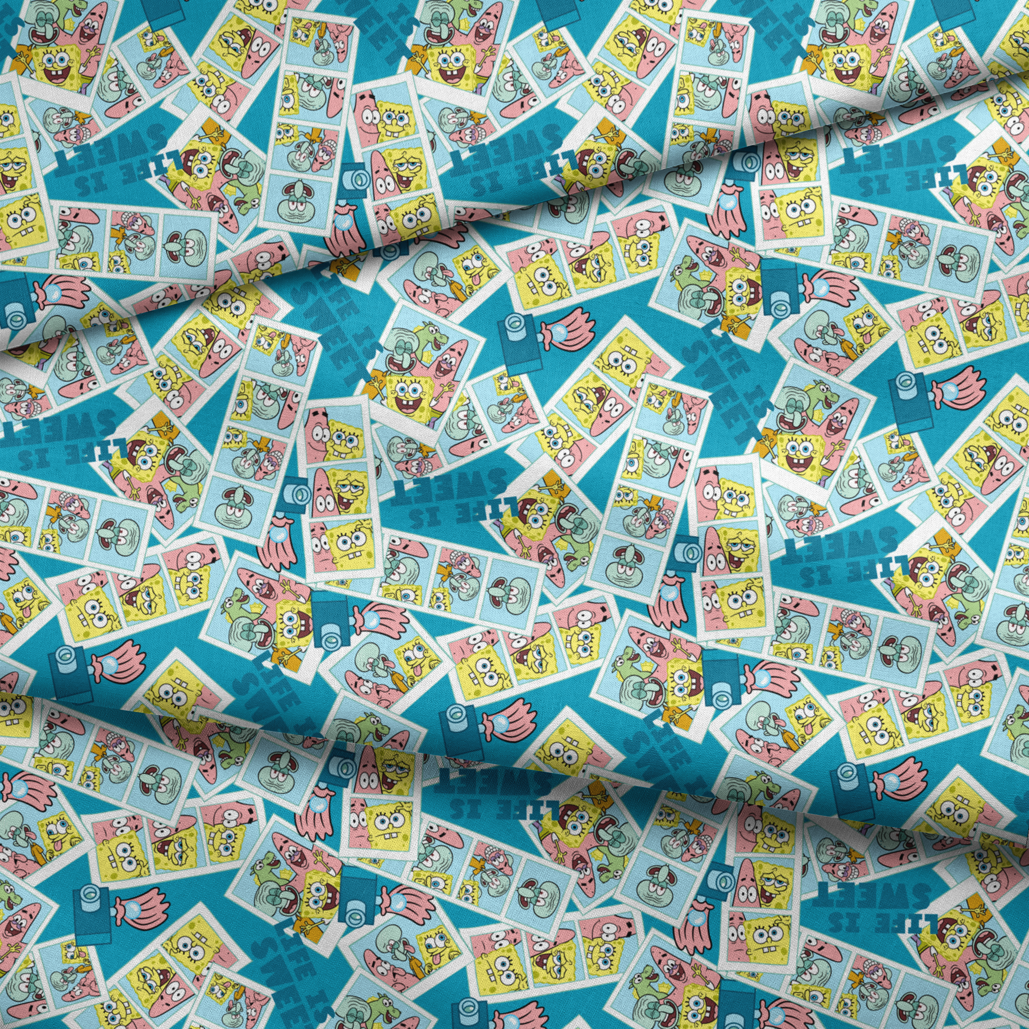 Photobooth-style SpongeBob SquarePants design featuring cartoon snapshots of SpongeBob, Patrick, and Squidward with “Life is Sweet” text on a blue background. fabric fold mockup