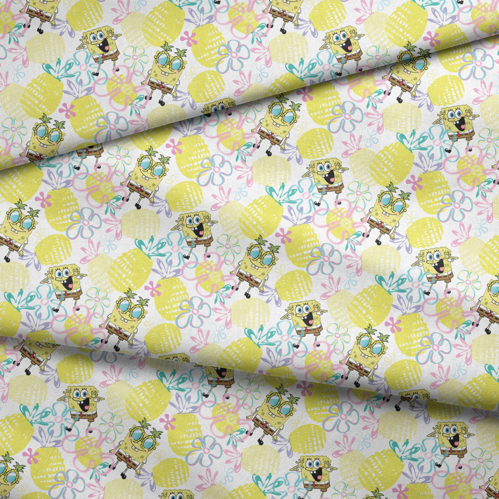 SpongeBob wearing pineapple glasses surrounded by yellow pineapples and pastel floral sketches on a white background in a playful Nickelodeon design. fabric fold mockup