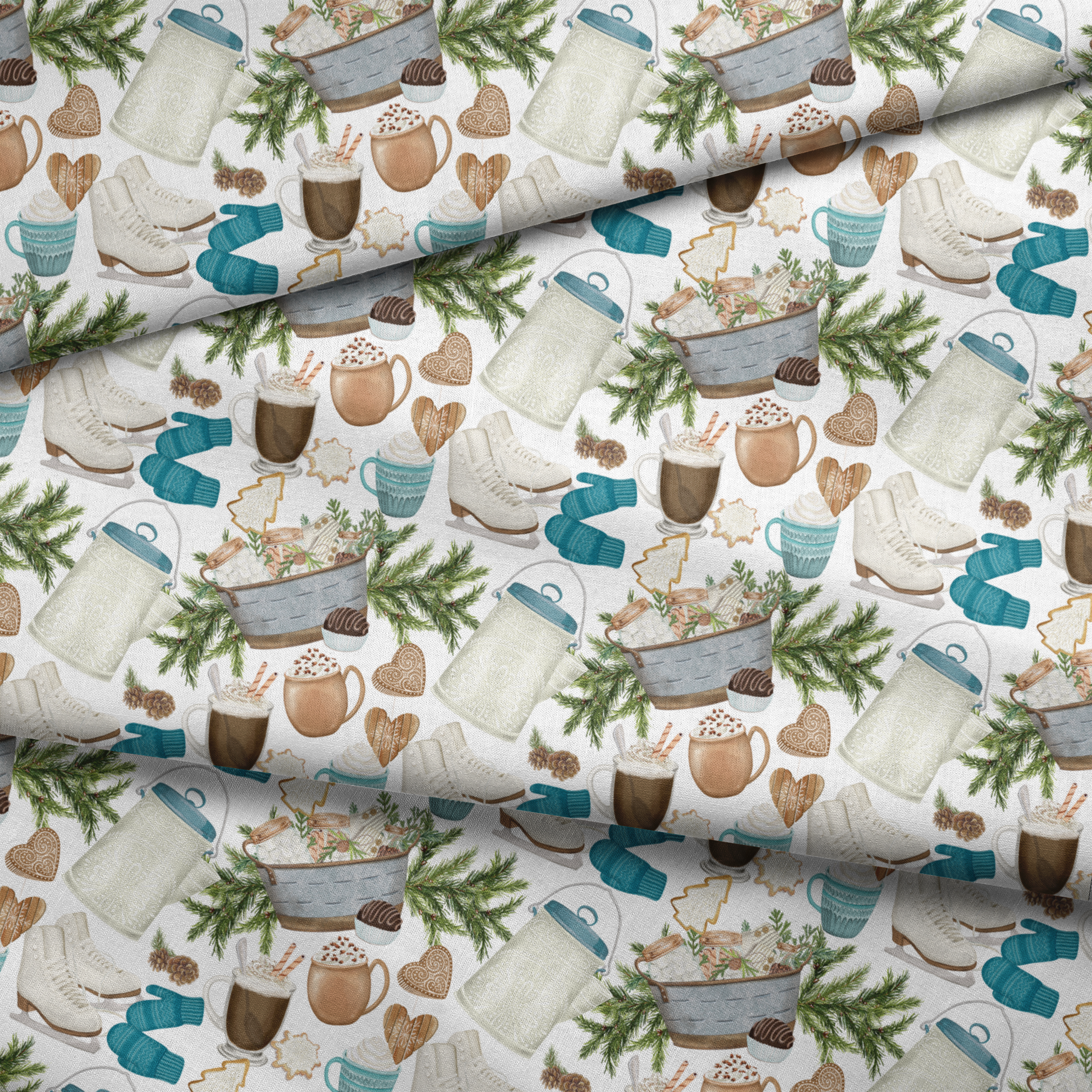 Winter-themed pattern featuring cocoa mugs, ice skates, mittens, pine branches, and holiday cookies in neutral and blue tones by Nicole Tamarin. fabric fold mockup