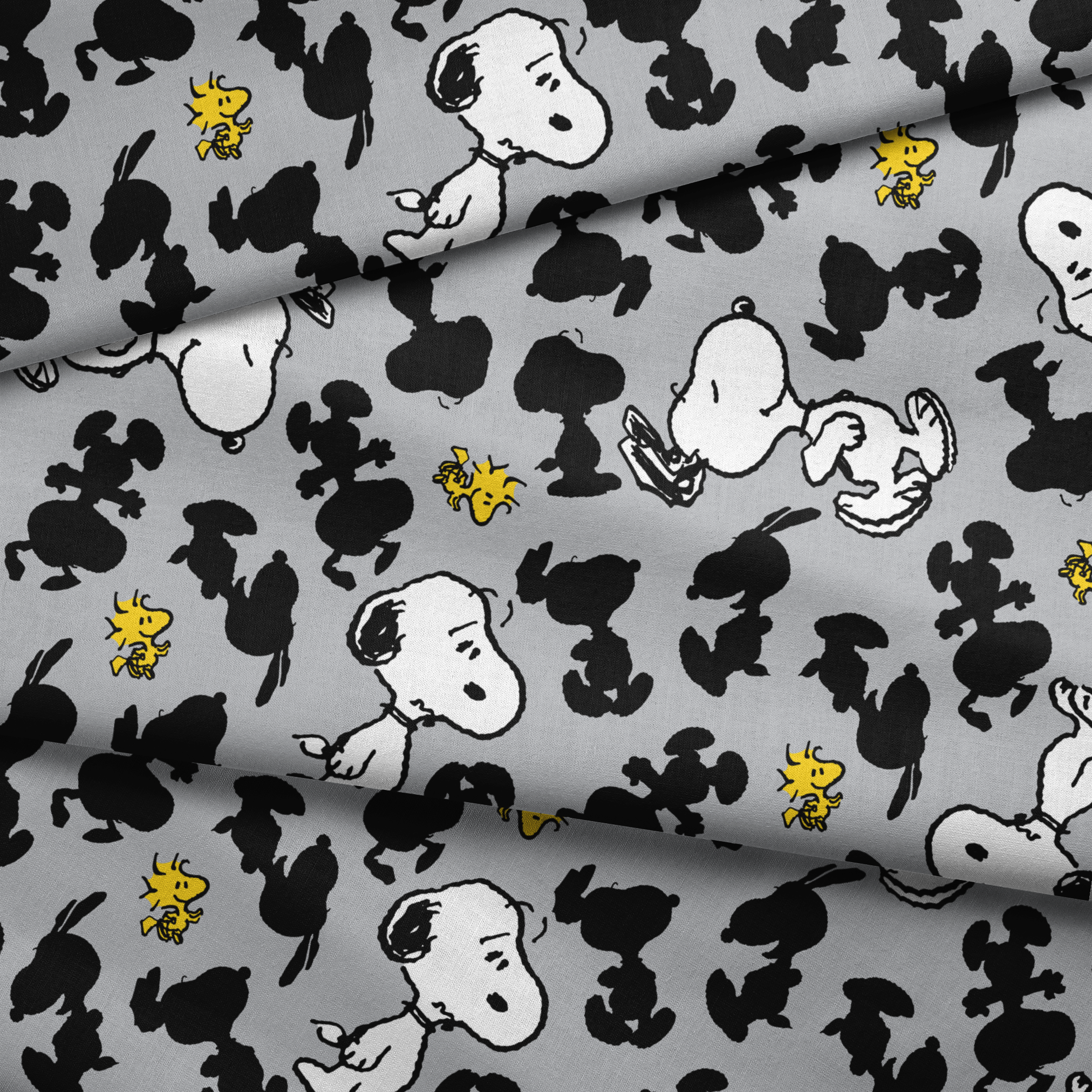 Pattern of Snoopy and Woodstock on gray background with black silhouettes fabric fold mockup