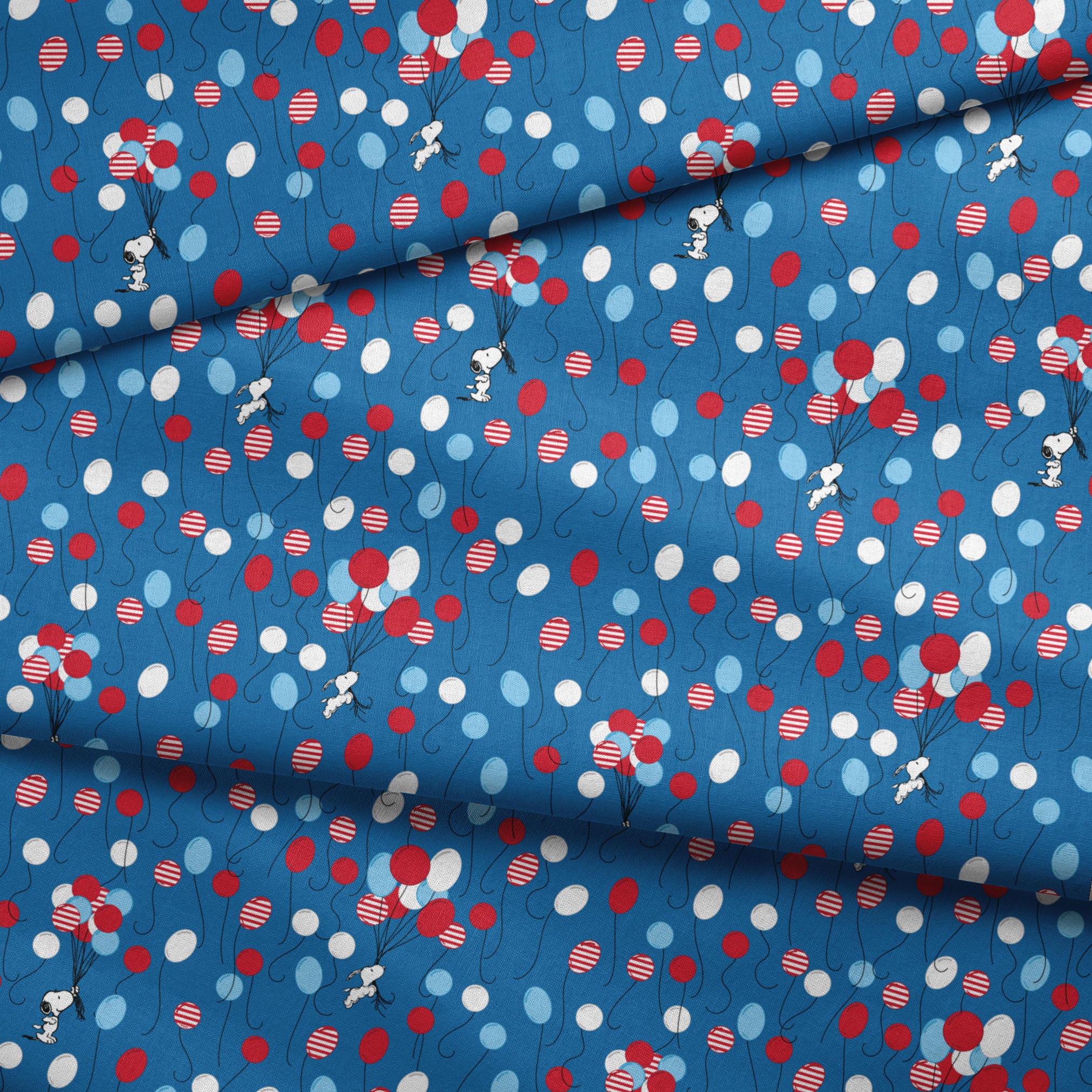 Snoopy patriotic blue pattern with red, white, and blue balloons and stars in American flag style fabric fold mockup