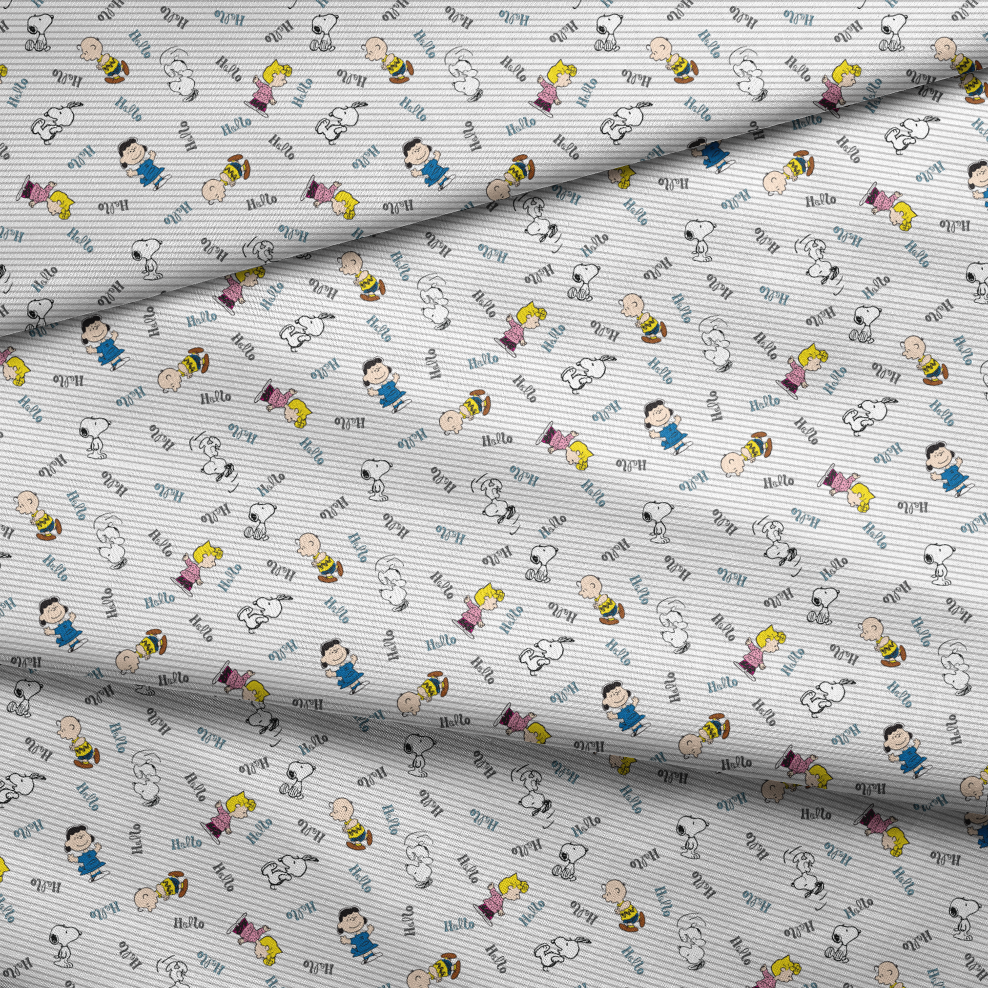 Peanuts cartoon characters scattered on striped background with "hello" text, featuring Snoopy, Charlie Brown, and friends fabric fold mockup