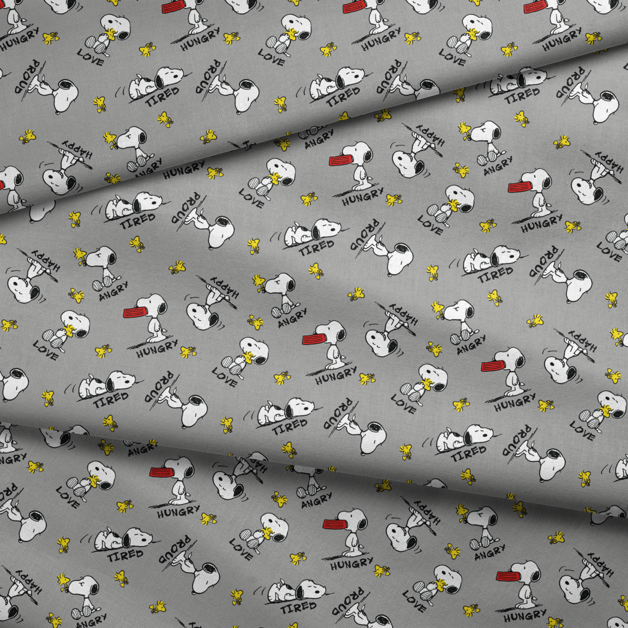Snoopy cartoon pattern on gray background with emotions like "Hungry" and "Love" with Woodstock fabric fold mockup