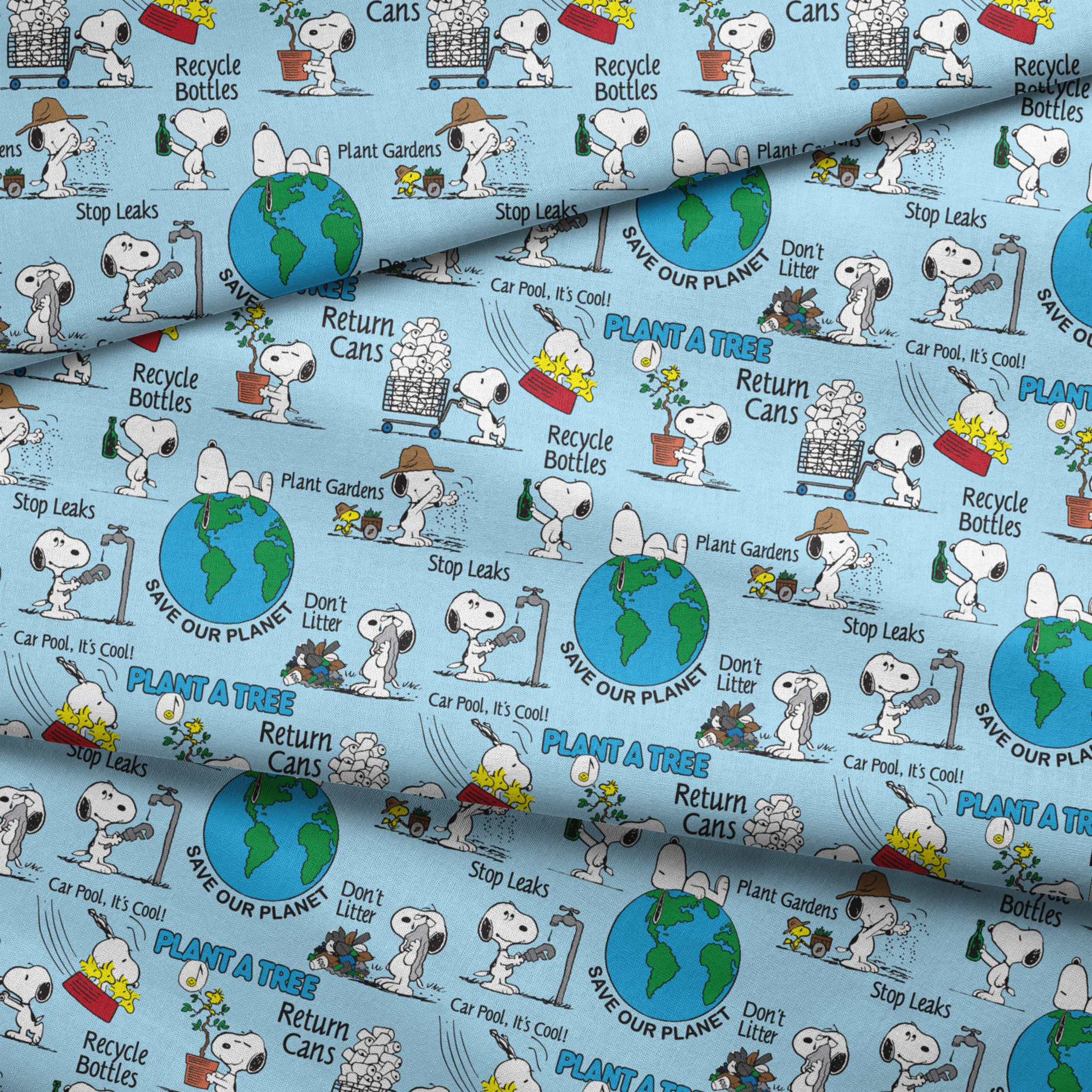 Snoopy cartoon dog in environmental scenes with Earth graphic and eco-friendly messages like "Plant a Tree" and "Recycle fabric fold mockup