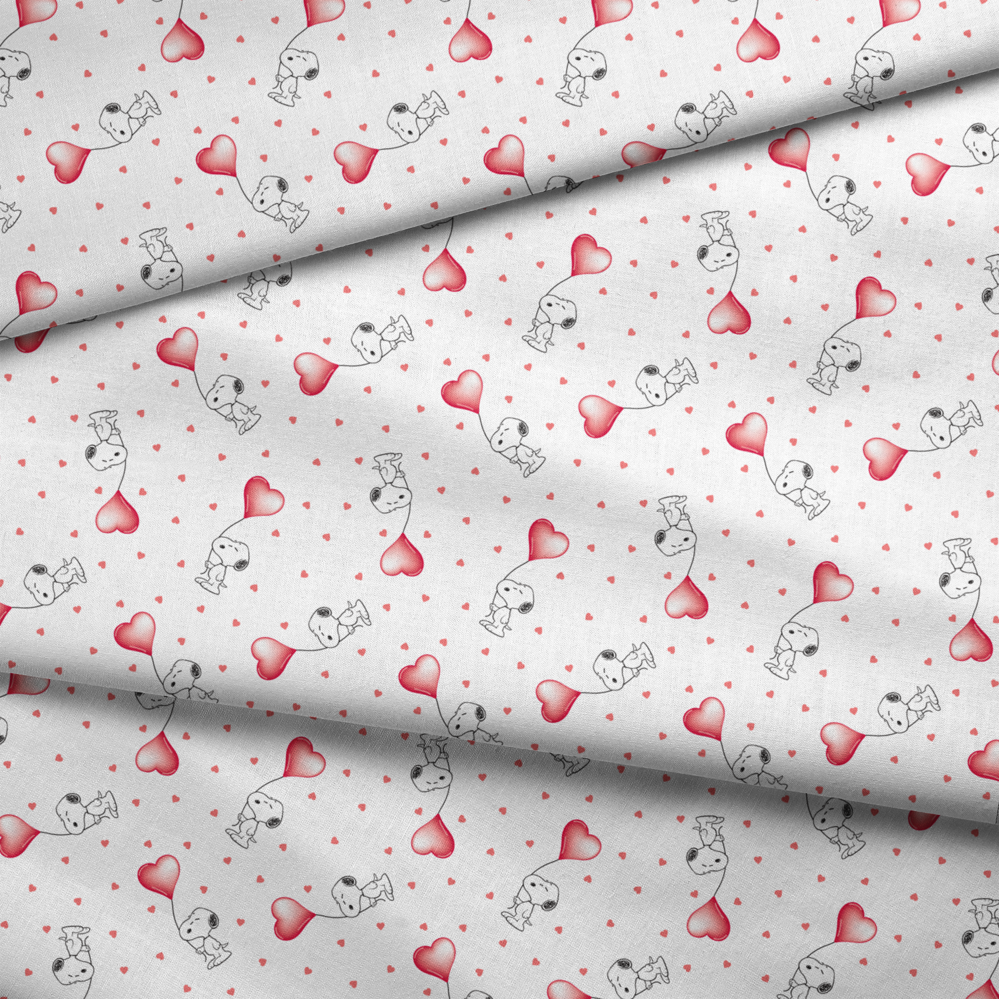 Cute Snoopy holding heart-shaped balloons with small hearts scattered on white background fabric fold mockup