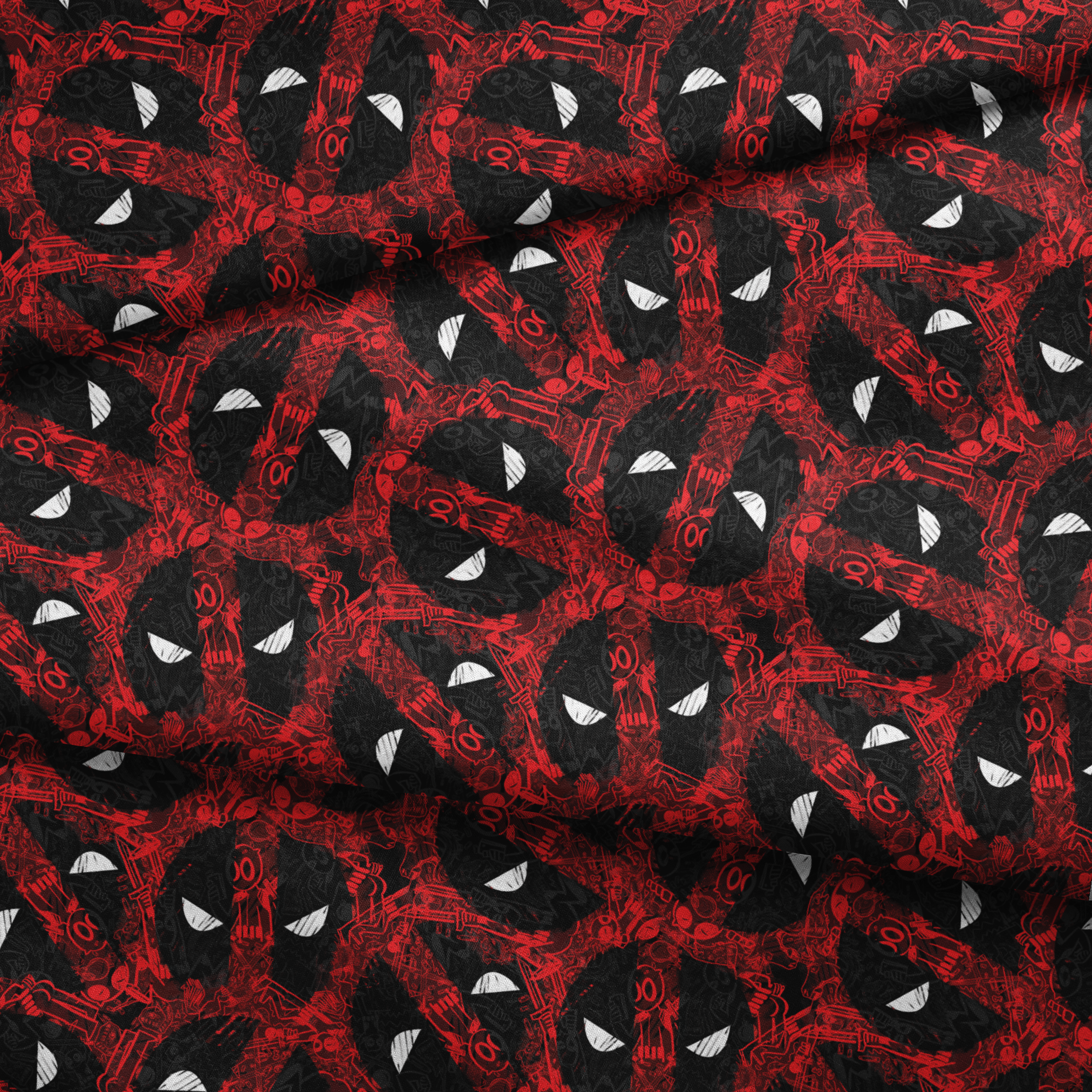 Abstract pattern of red and black chaotic lines with white triangular shapes scattered throughout the design fabric fold mockup