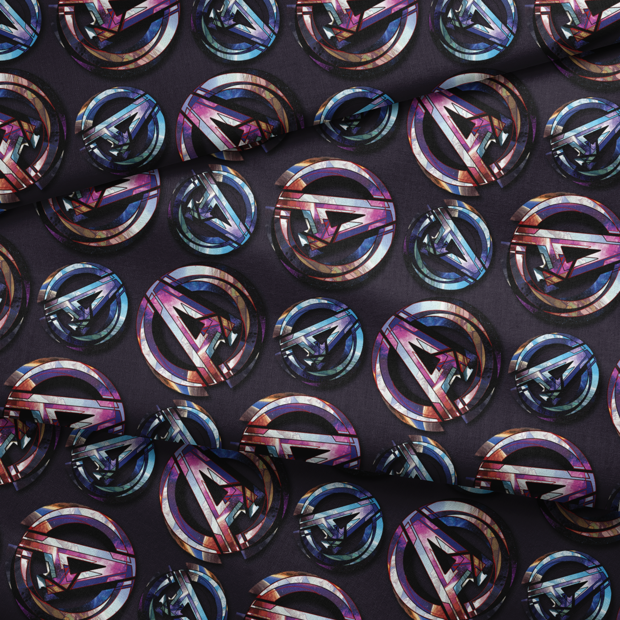Colorful metallic Avengers logo pattern with iridescent purple and blue reflections on dark background fabric fold mockup