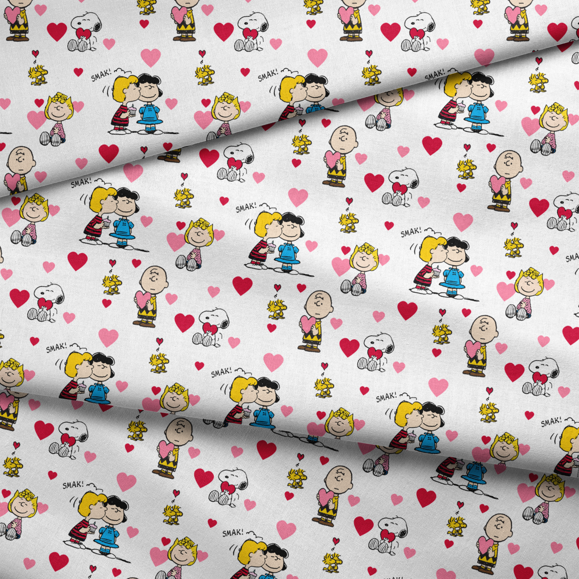 Peanuts cartoon characters with heart motifs, featuring Snoopy, Woodstock, and others in a Valentine's theme fabric fold mockup