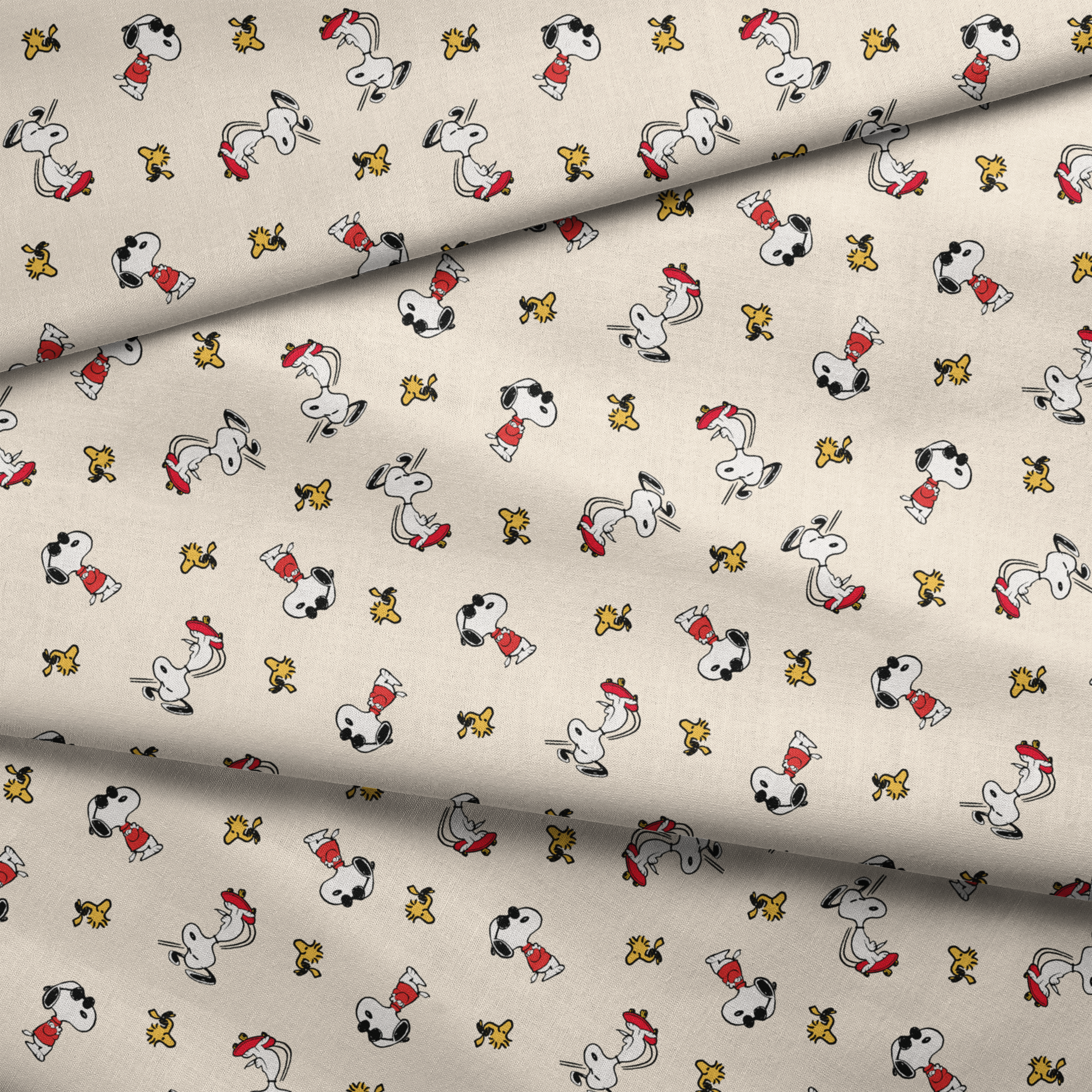 Snoopy and Woodstock on cream background, arranged in pattern fabric fold mockup