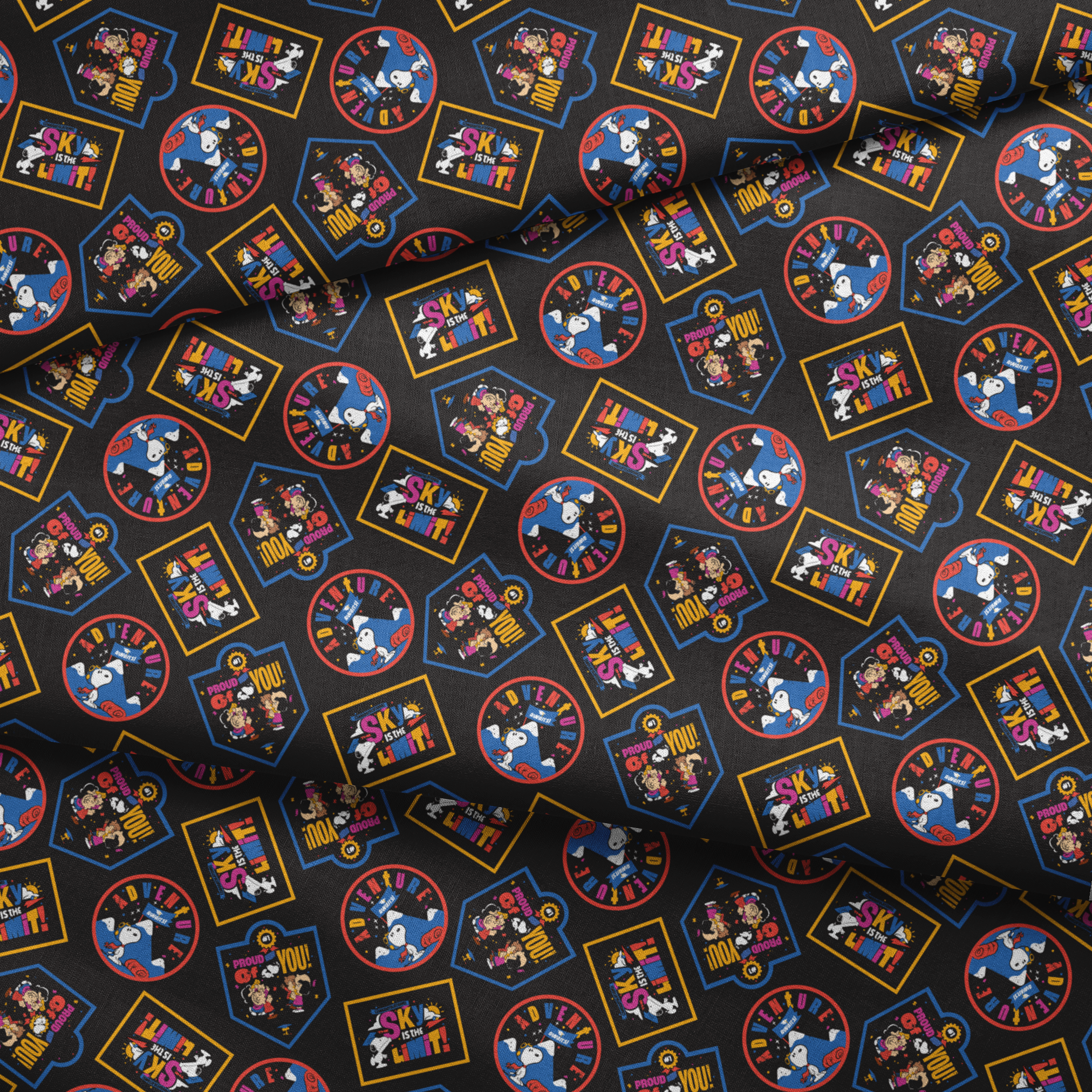 Colorful Peanuts character patches in various shapes on black background, featuring animated figures in vibrant colors fabric fold mockup