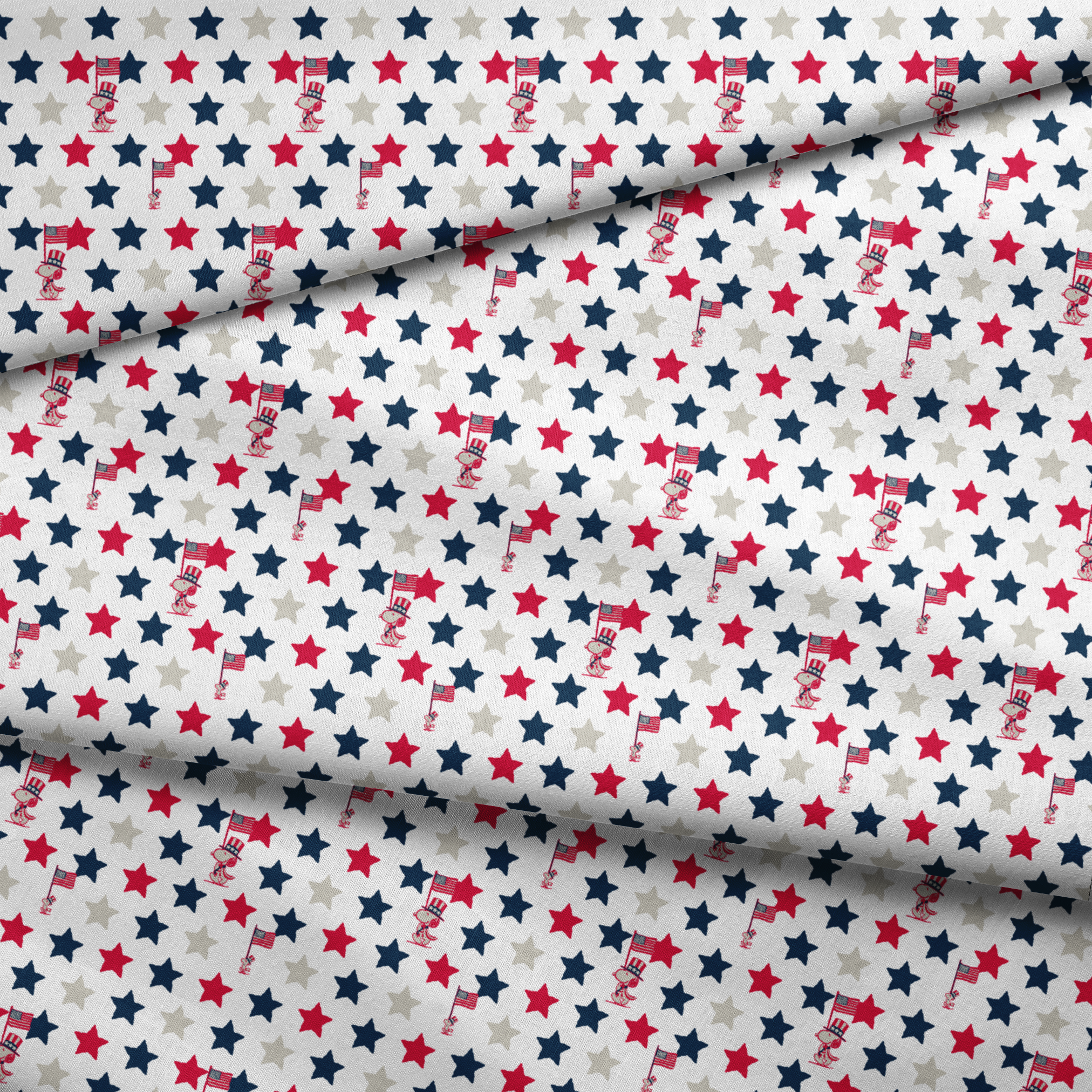 Peanuts Patriotic pattern with red, white, and blue stars alongside American flag poles on white background fabric fold mockup