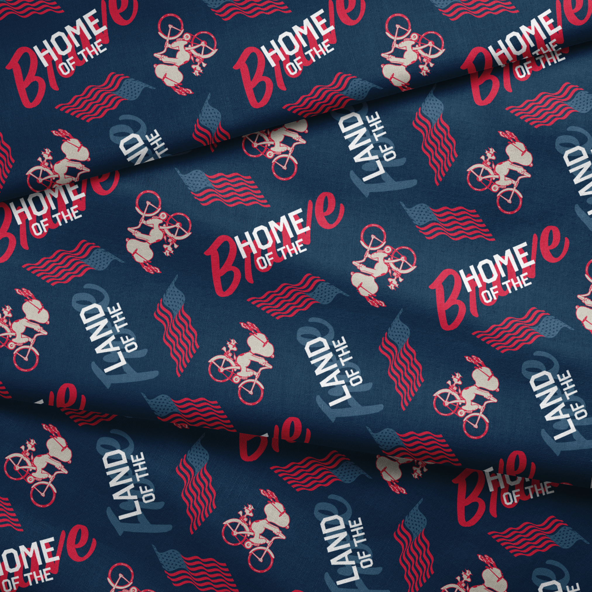 Repeating Peanuts "Home of the Brave" text pattern with bicycles on navy blue background with red wavy lines fabric fold mockup