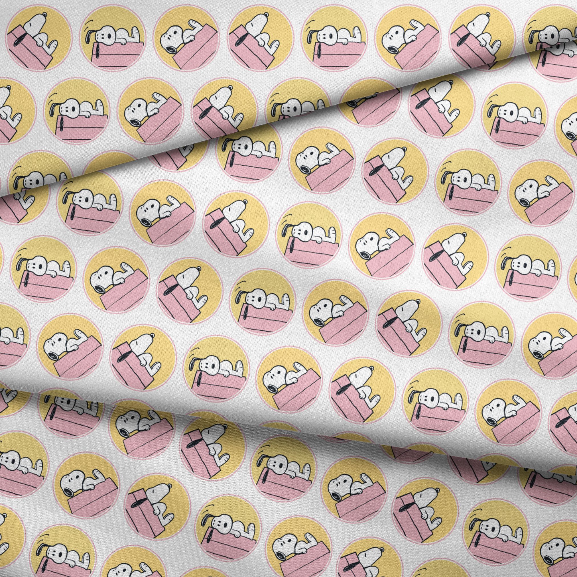Snoopy lounging on pink doghouse roof in various poses, arranged in circular yellow frames fabric fold mockup
