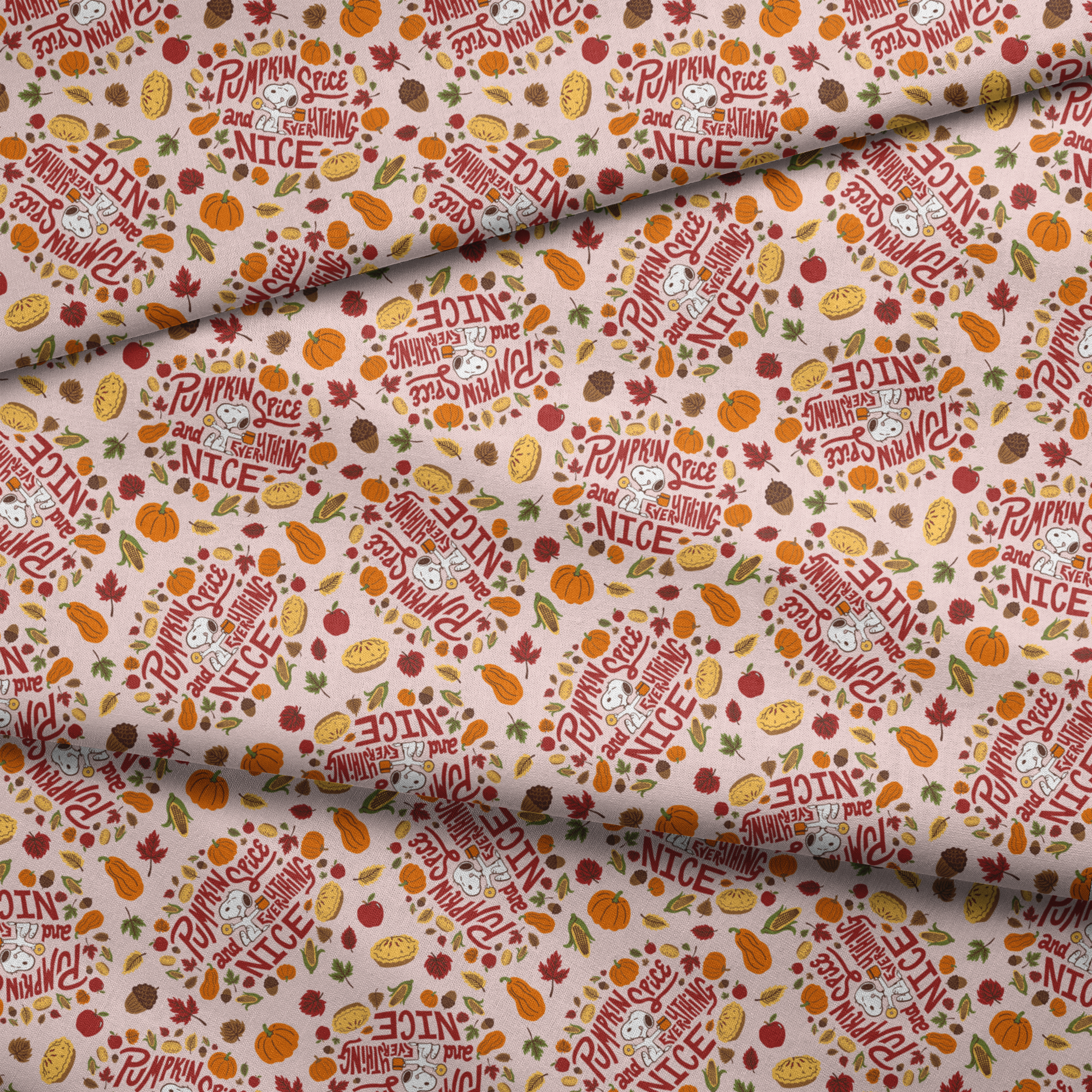 Fall Peanuts pattern with pumpkin spice phrases, autumn leaves, pumpkins, pine cones and Snoopy characters on a beige background fabric fold mockup