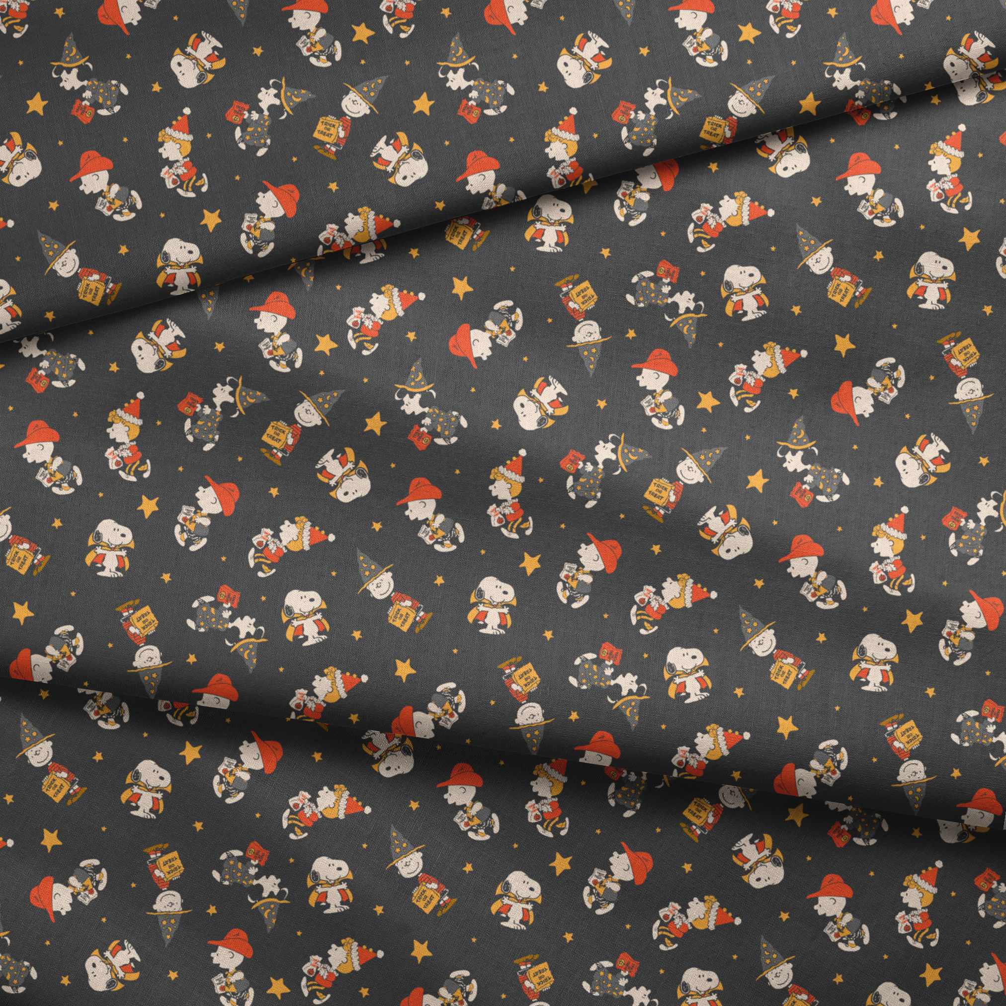 Snoopy cartoon pattern on dark gray background with characters in Halloween costumes and golden stars fabric fold mockup