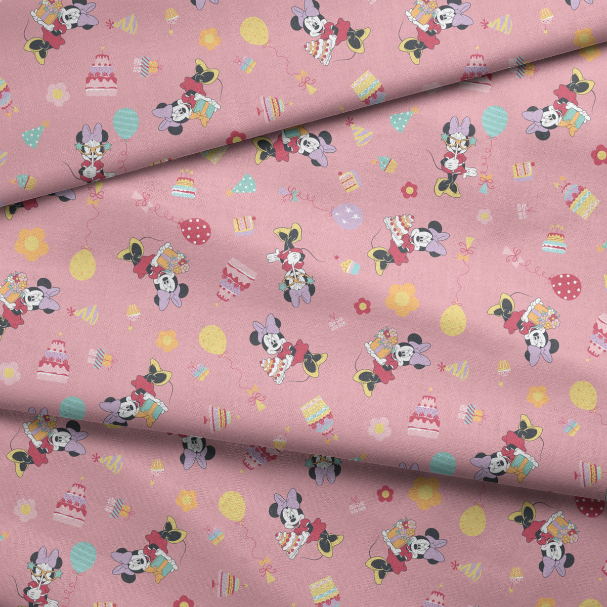 Minnie Mouse pattern on pink background with cakes, candy, and desserts scattered throughout.