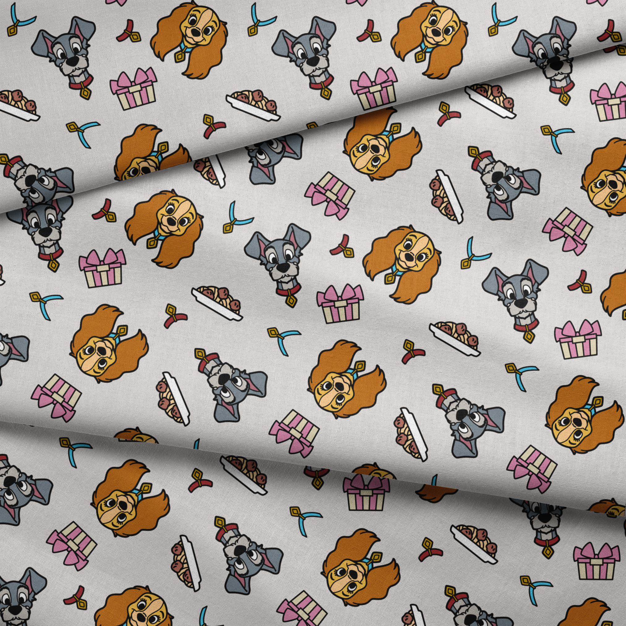 Cartoon pattern featuring Lady and Tramp dogs, gift boxes, bones, and ribbons on light gray background fabric fold mockup