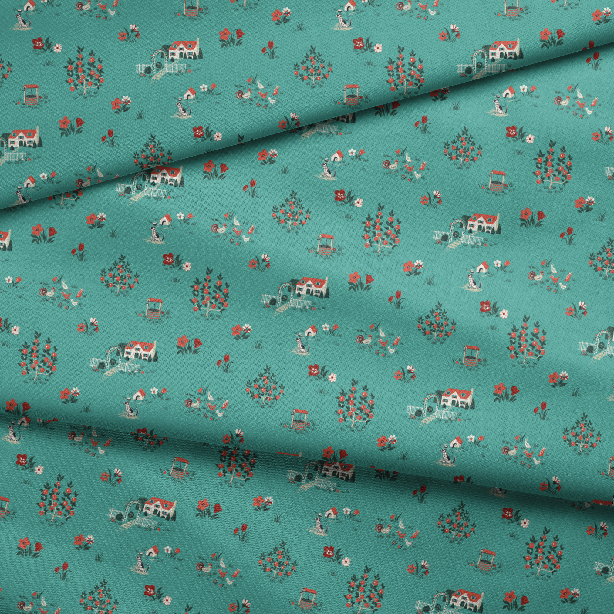 Teal background fabric with vintage cottages, flowers, chickens, and wells in a scattered countryside layout. fabric fold mockup