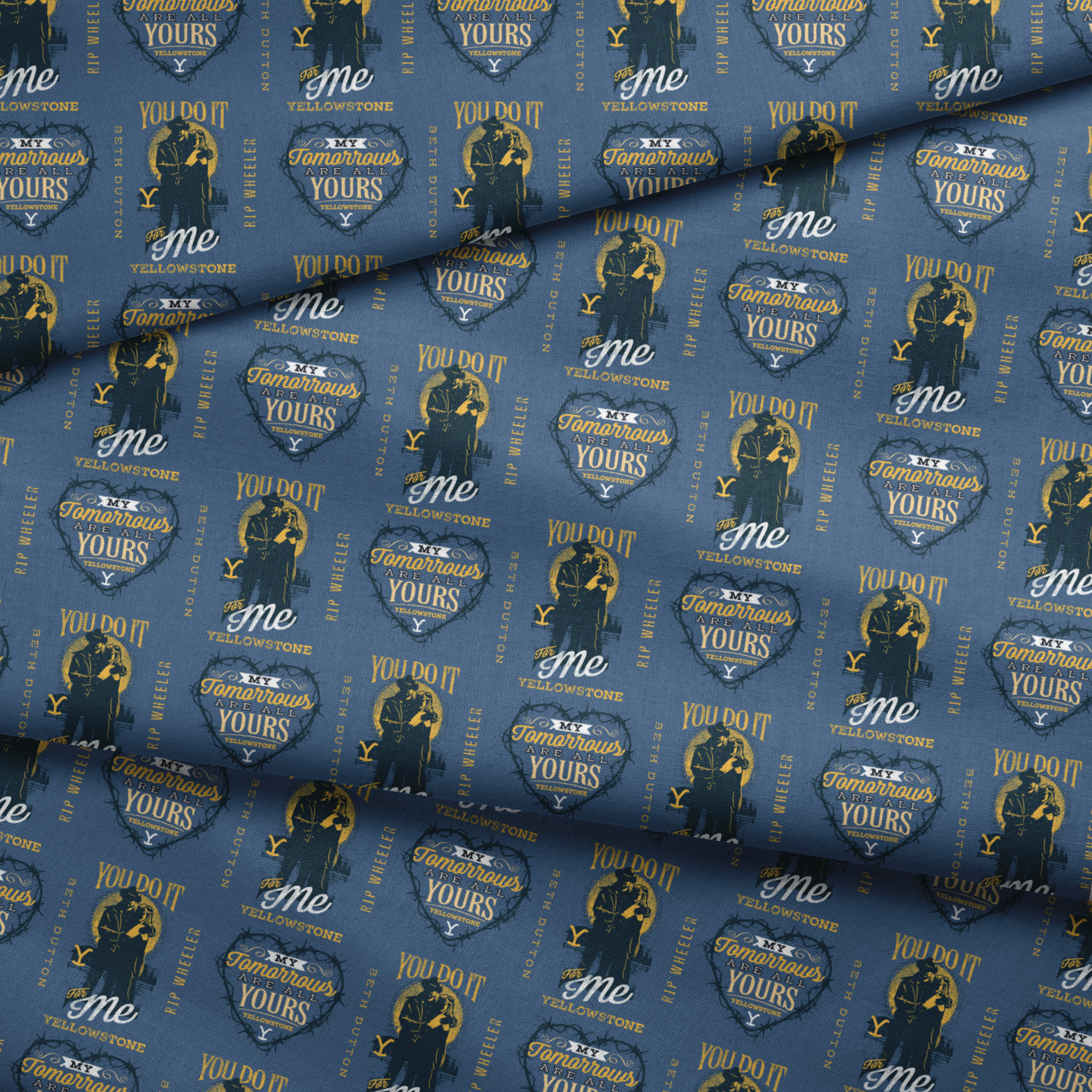 Denim blue fabric with Beth and Rip silhouettes, romantic Yellowstone quotes, and Western-style lettering in mustard and white. fabric fold mockup
