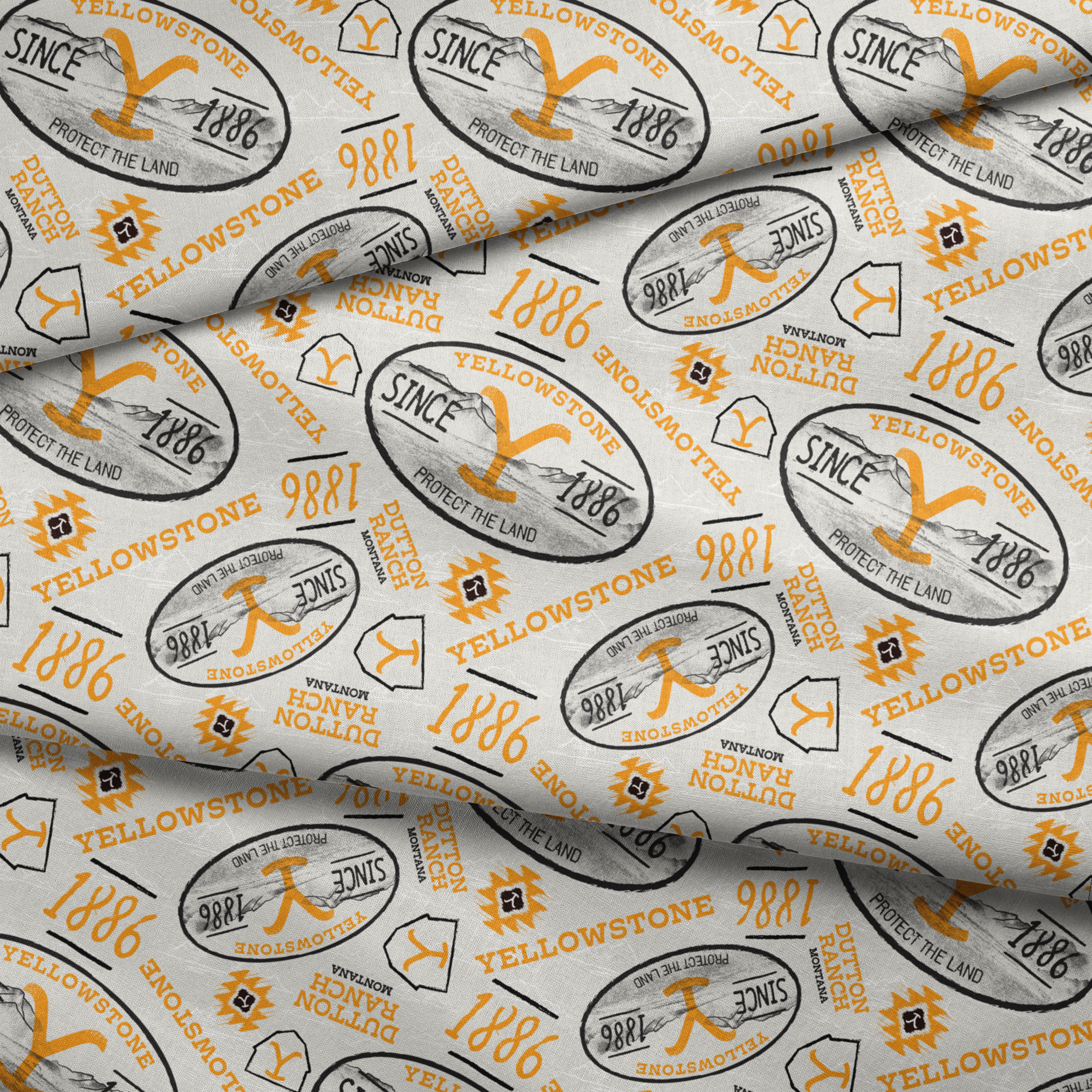 Yellowstone-themed design with black and gold badge graphics, “Protect the Land” text, and Dutton Ranch icons on a cream background. fabric fold mockup