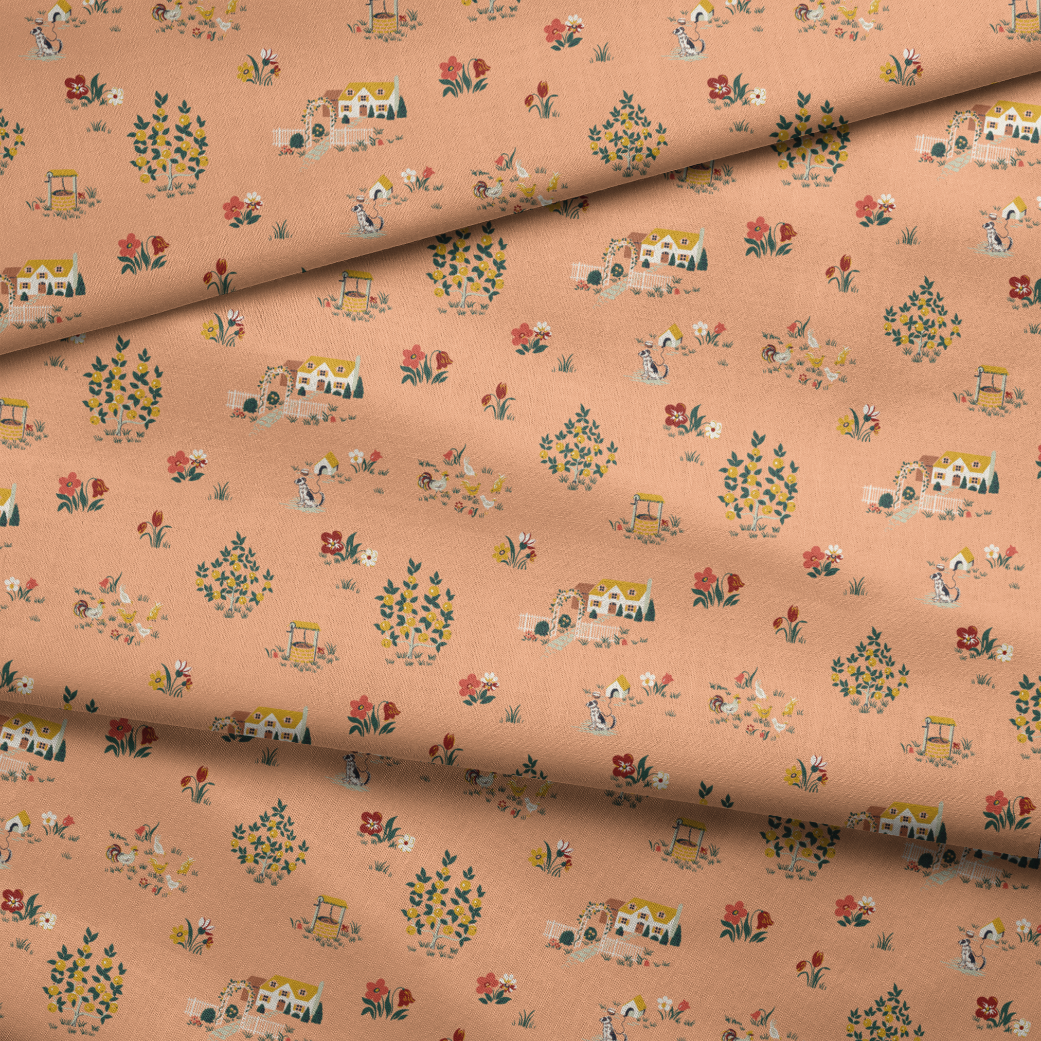Vintage cottage scene design with houses, flowers, and animals on a peach background from the Springs Archive fabric fold mockup