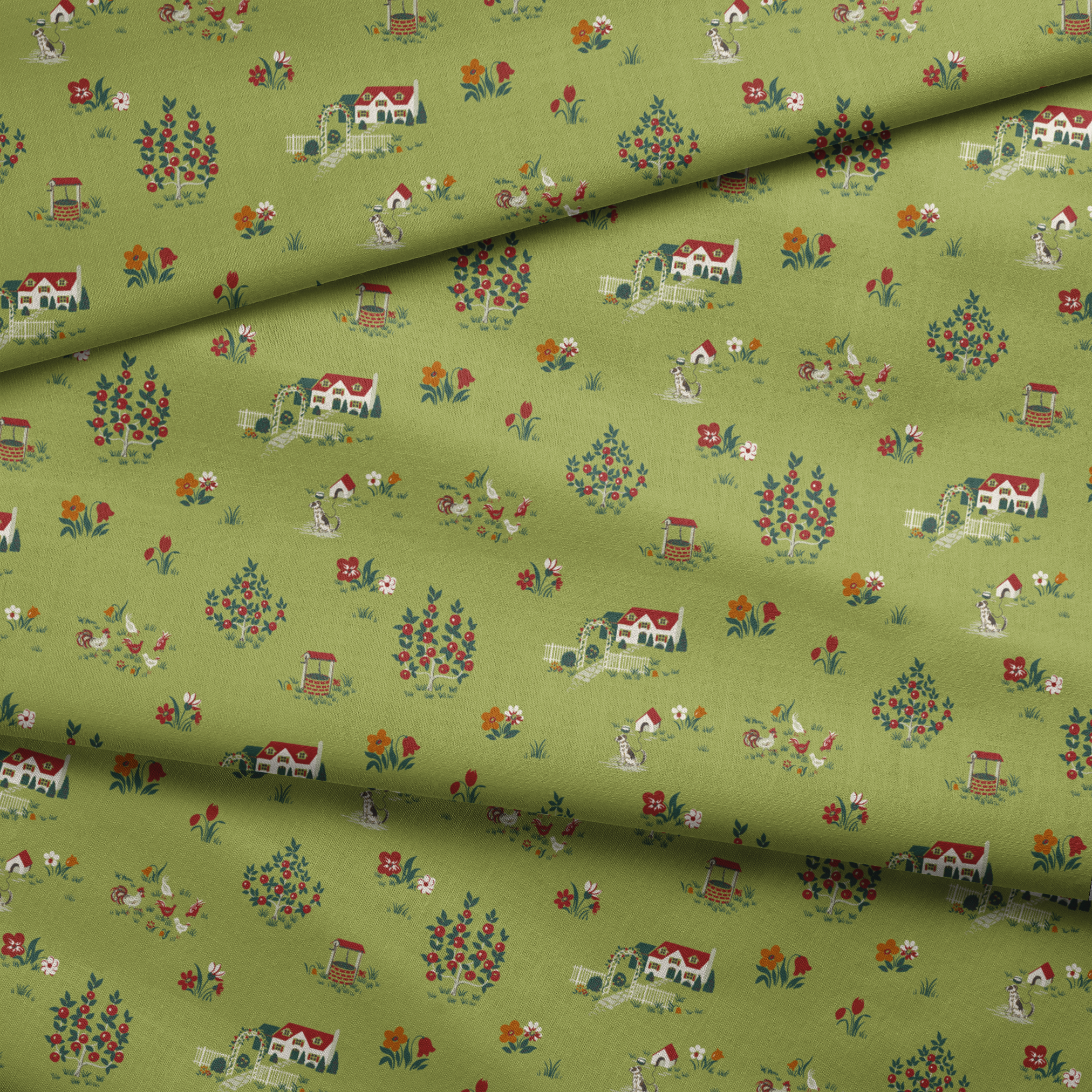 Scenic cottage garden design with vintage houses, flowers, and animals on olive green fabric fold mockup