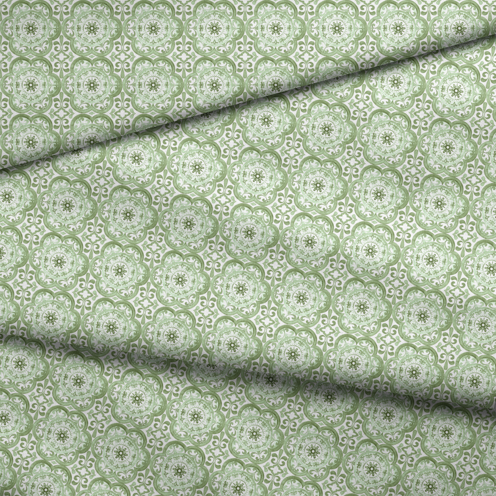 Green medallion tile-inspired pattern by Nicole Tamarin, featuring ornate floral details in a repeating square layout. fabric fold mockup
