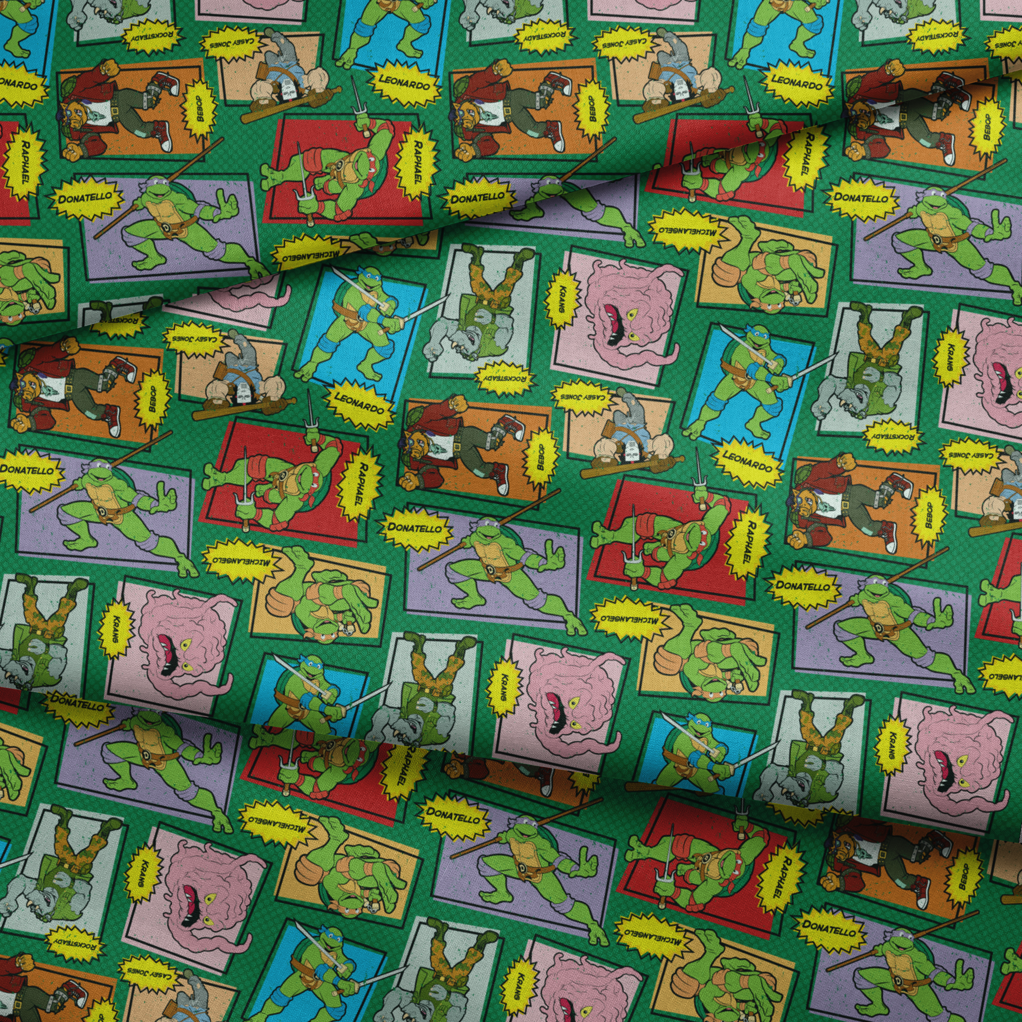 Retro Teenage Mutant Ninja Turtles comic print with turtles, villains, and action words in colorful panels. fabric fold mockup