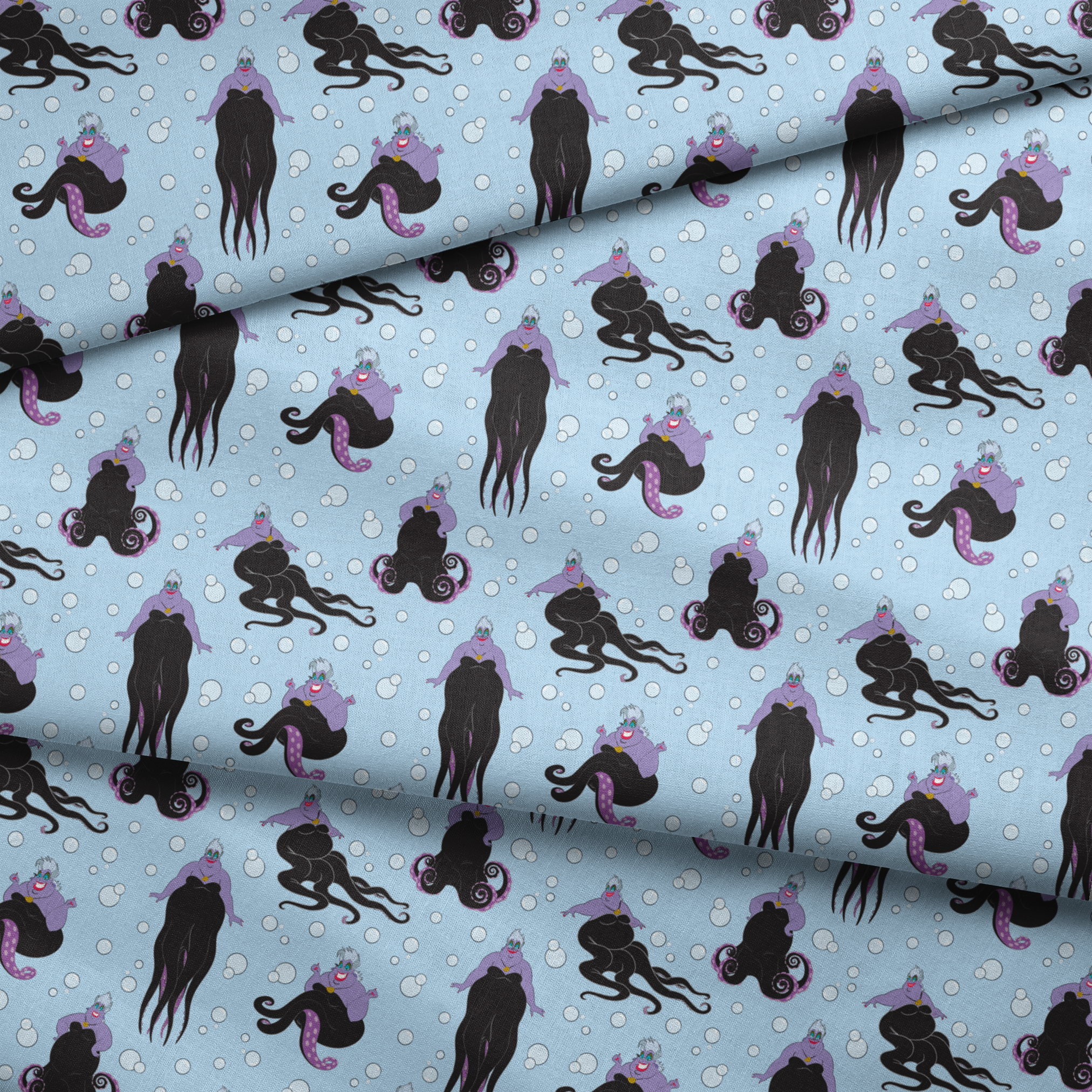 Ursula with black tentacles swimming in a light blue underwater scene with white bubbles fabric fold mockup