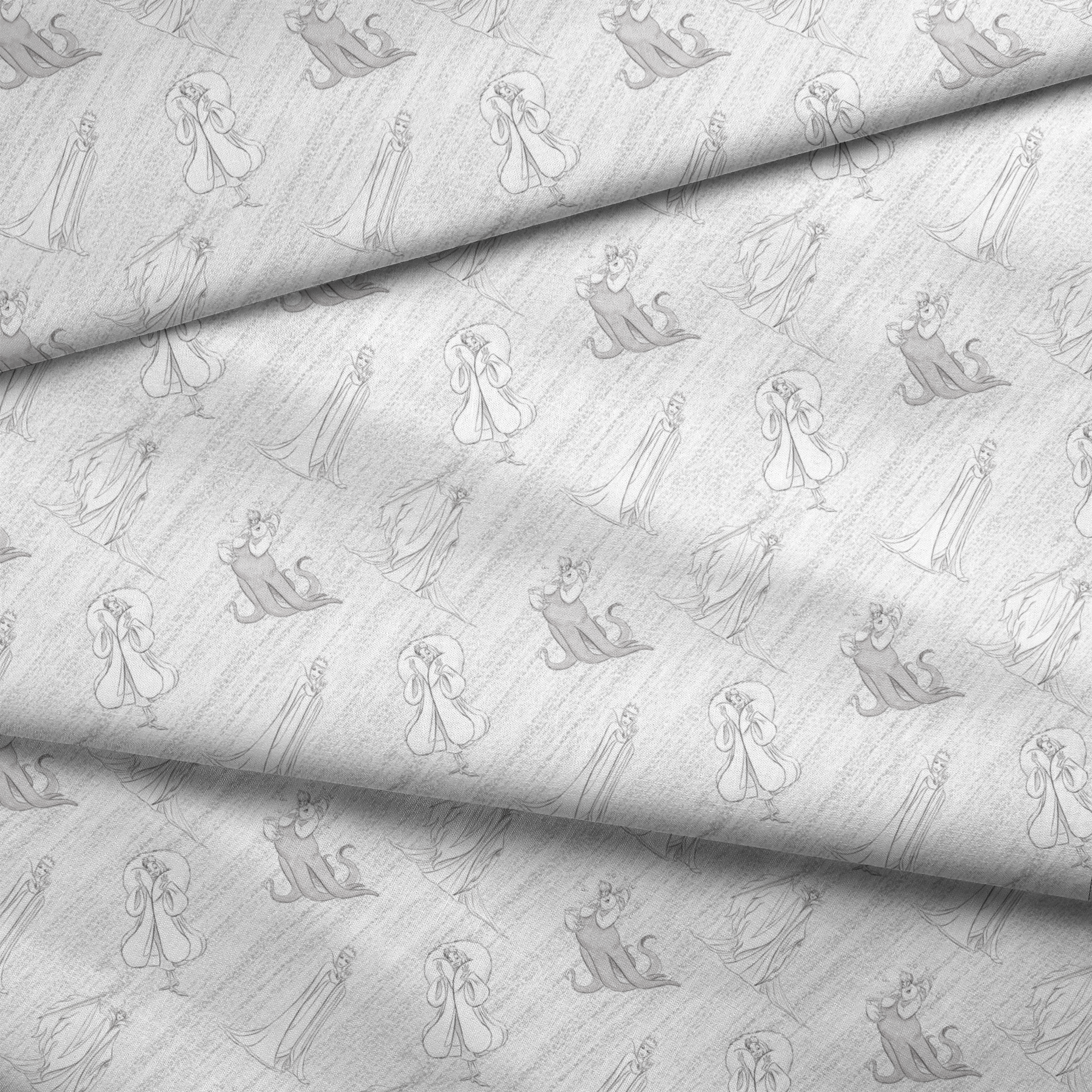 Sketched Disney villains scattered across a textured diagonal background in grayscale fabric fold mockup