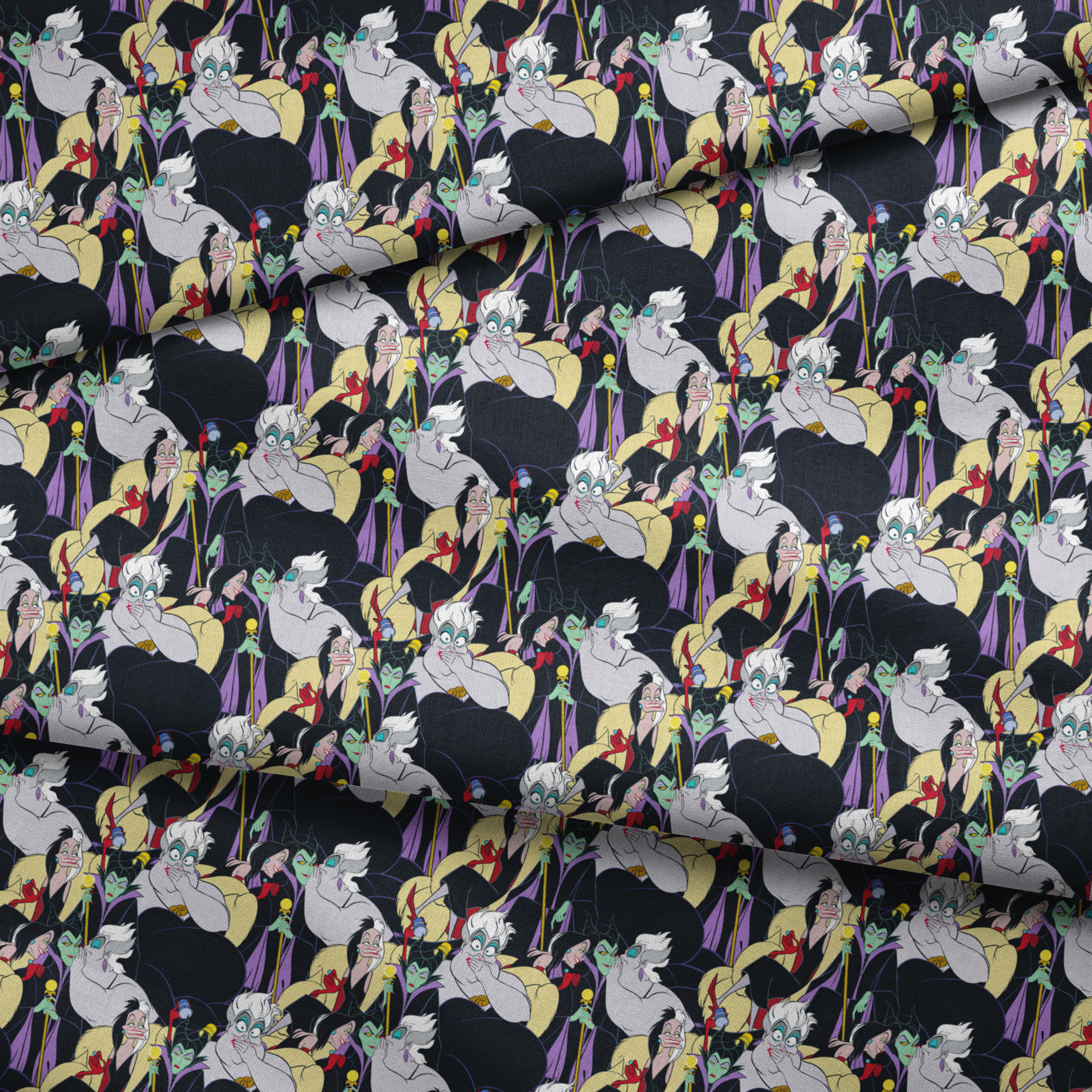 Colorful pattern of Disney villains including Ursula, Maleficent, and Cruella de Vil on dark background fabric fold mockup