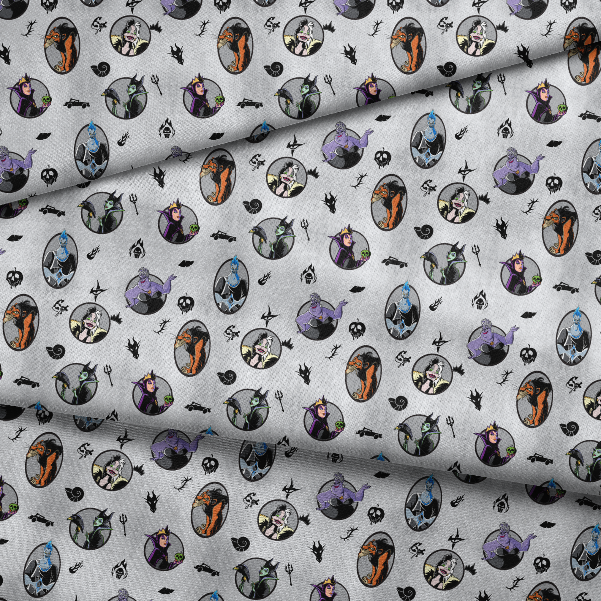 Disney villain characters in circular portraits on a gray background with spooky silhouette symbols fabric fold mockup