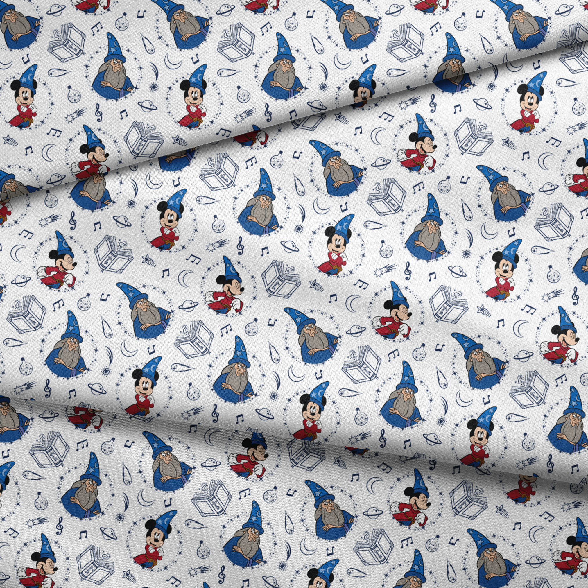 Disney's Fantasia pattern with Mickey Mouse in wizard hat, magical books, music notes, celestial elements on white background fabric fold mockup