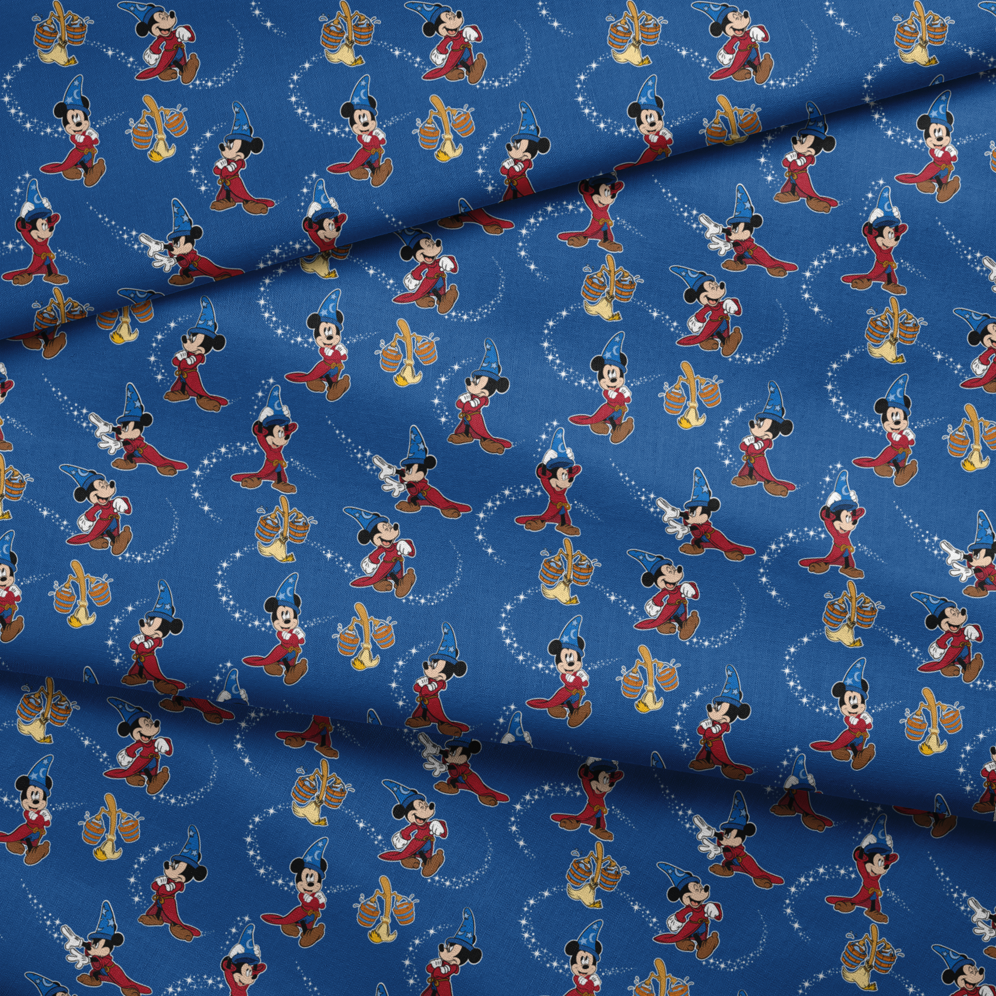 Mickey Mouse as Fantasia's Sorcerer's Apprentice in various poses with magic stars on blue background. fabric fold mockup