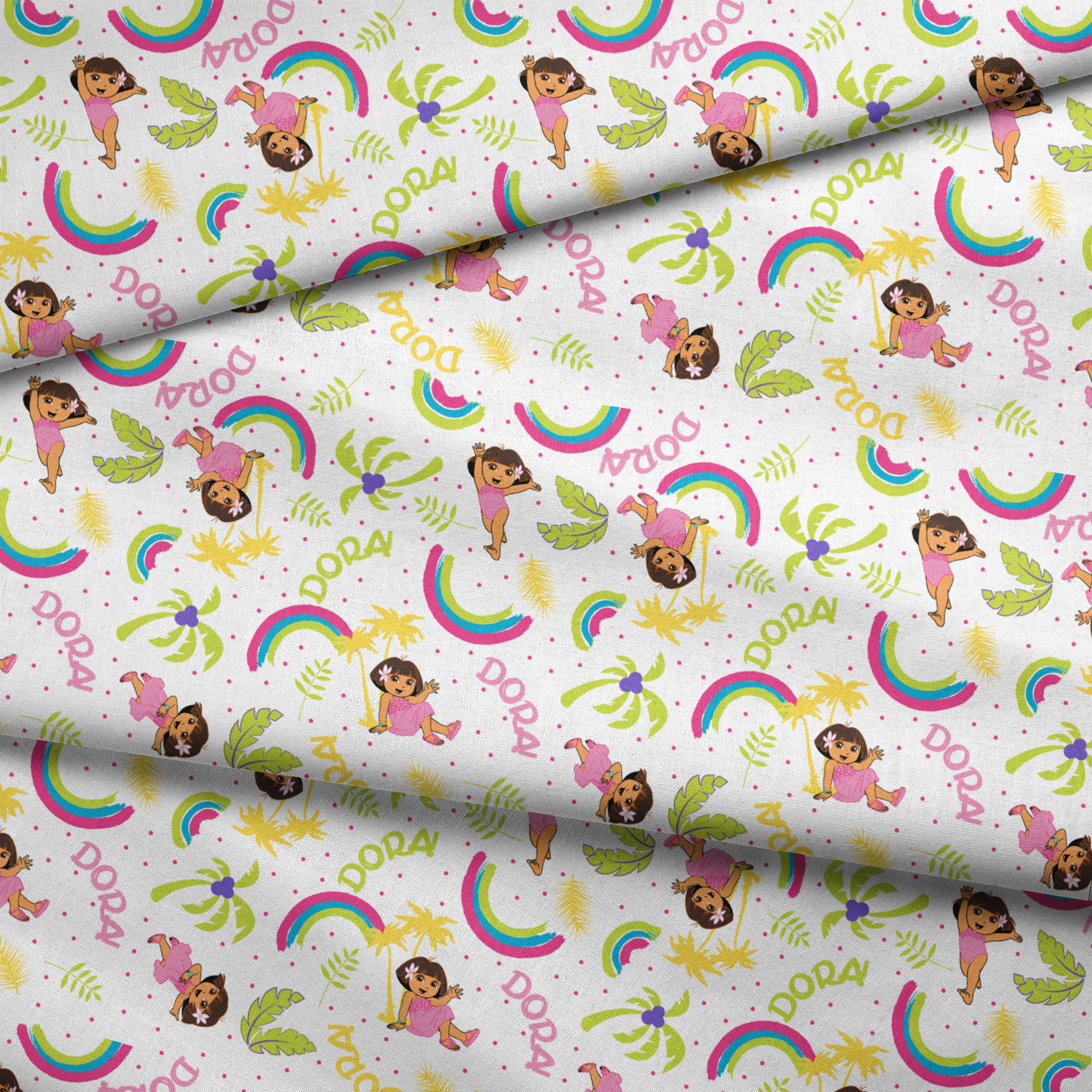 Cartoon pattern with colorful rainbows, Dora the Explorer characters, green leaves, and yellow leaves on white background fabric fold mockup