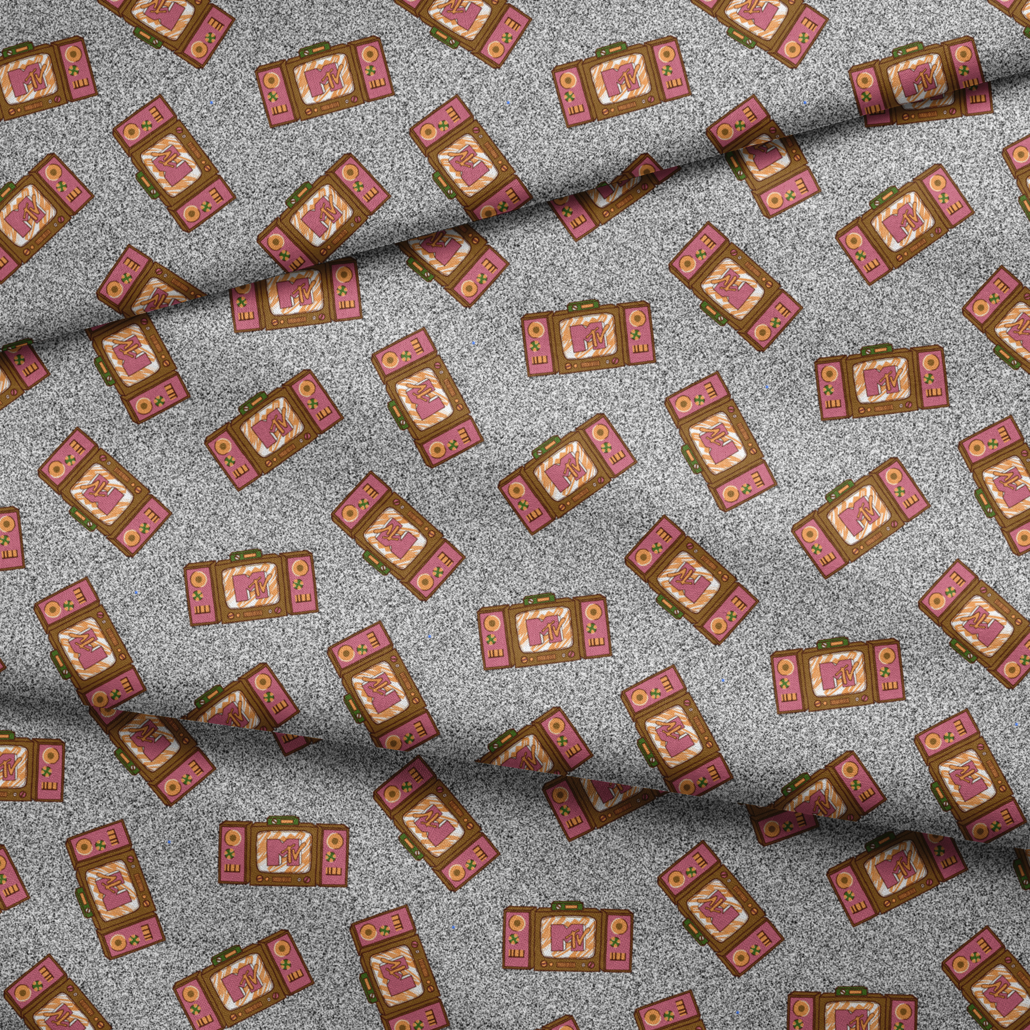 Pink and brown retro televisions with the MTV logo over a grainy gray static background in a scattered repeat. fabric fold mockup